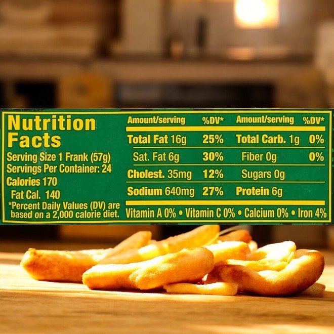 A nutrition label displaying fat, cholesterol, sodium, and protein is shown with crispy fries on a wooden surface. In front of it sits a pack of Nathan's Famous Beef Franks crafted from their original recipe.