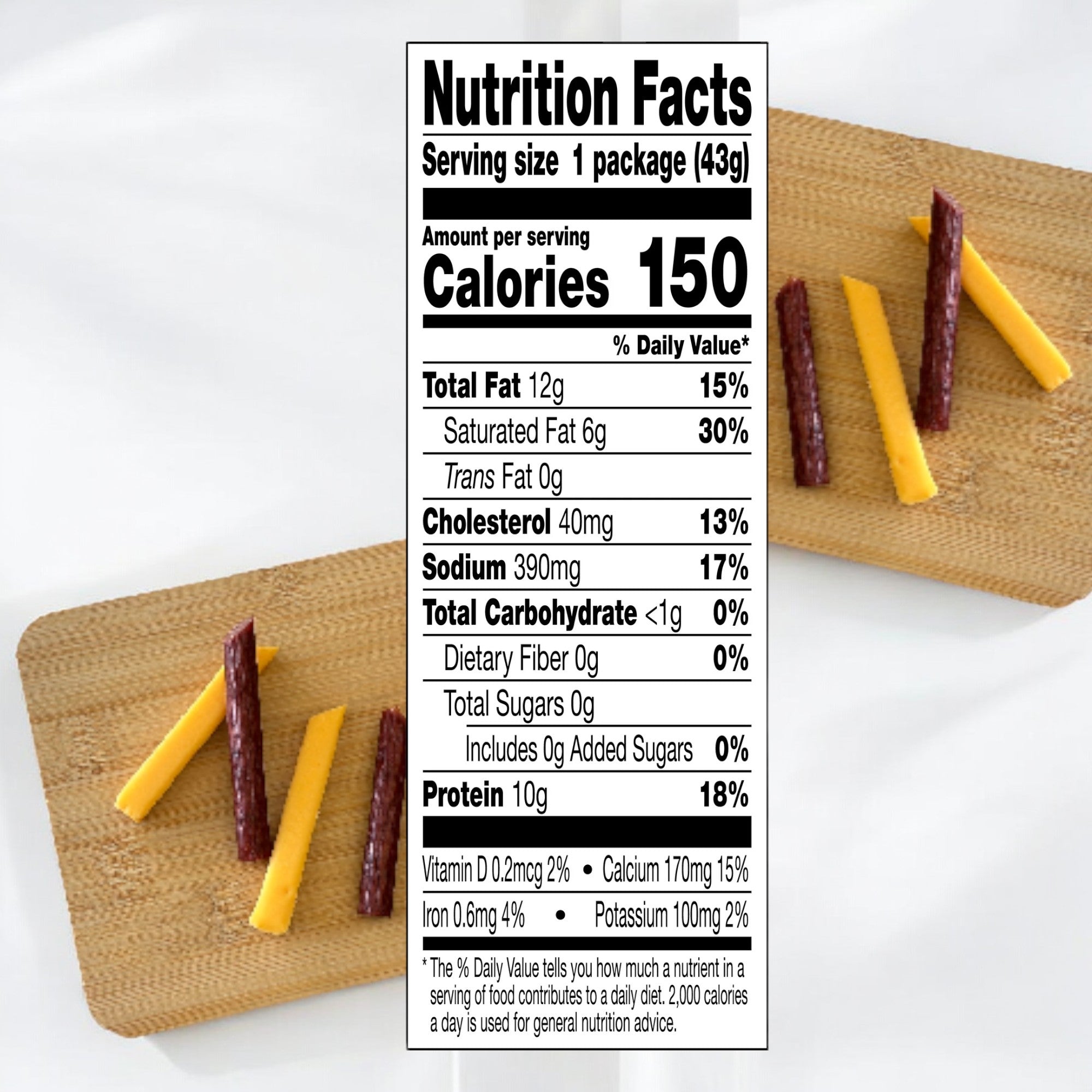 Here is an image of the nutrition facts label for Jack Link's Cold Crafted Beef Stick & Mild Cheddar Cheese Combo, 1.5 oz - 1 Count by Jack Link's. Serving size is 1 package (43g) with 150 calories per serving. Ingredients nearby include cheese sticks and hardwood smoked fresh beef sticks on a wooden board, making it a high-protein snack.