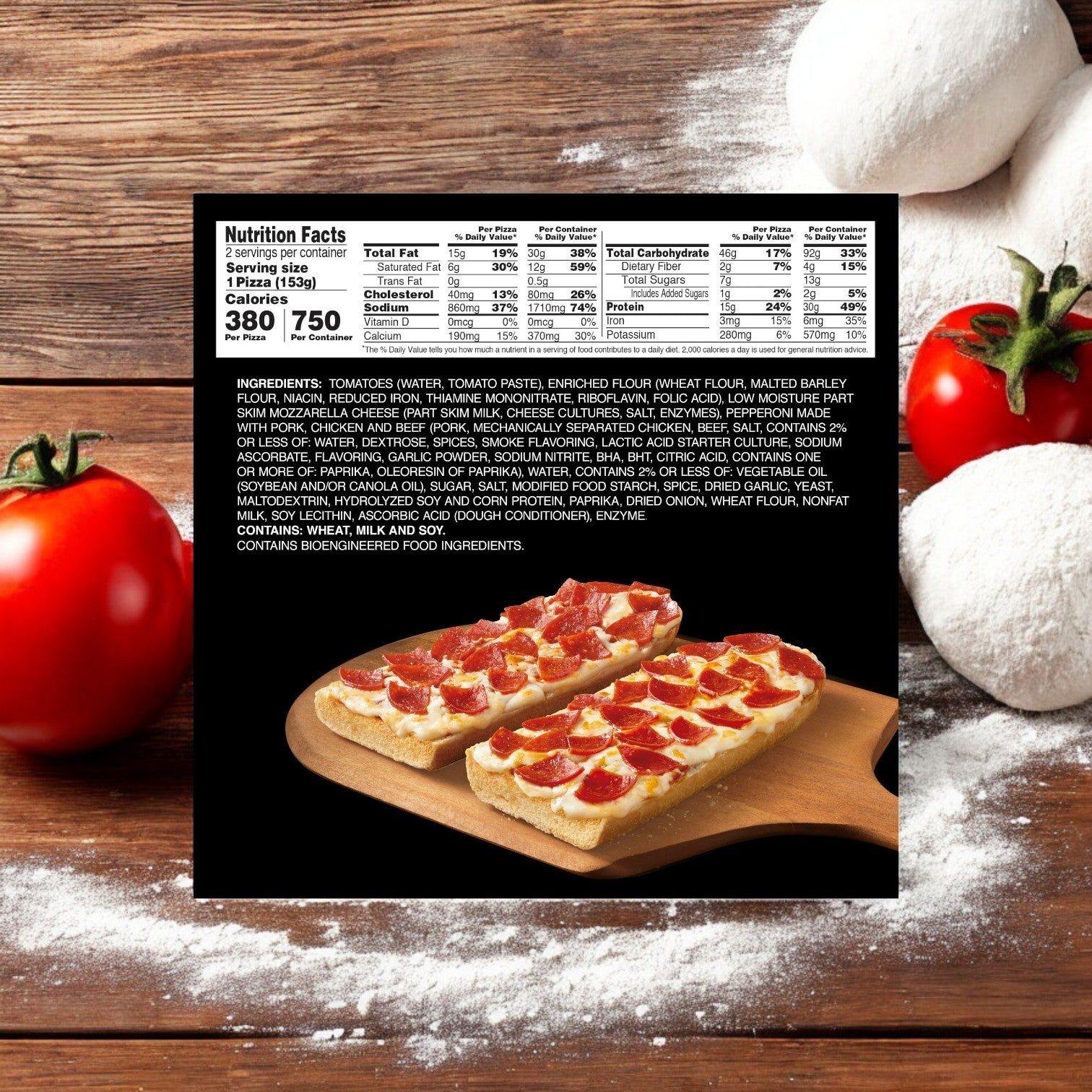 Red Baron Pepperoni French Bread Personal Frozen Pizzas, 10.8 oz – 3 Boxes (6 Total Pizzas) by Red Barron sit on a wooden board surrounded by whole tomatoes and flour, with nutrition facts and ingredients elegantly displayed, showcasing the perfect blend of savory goodness in each bite.