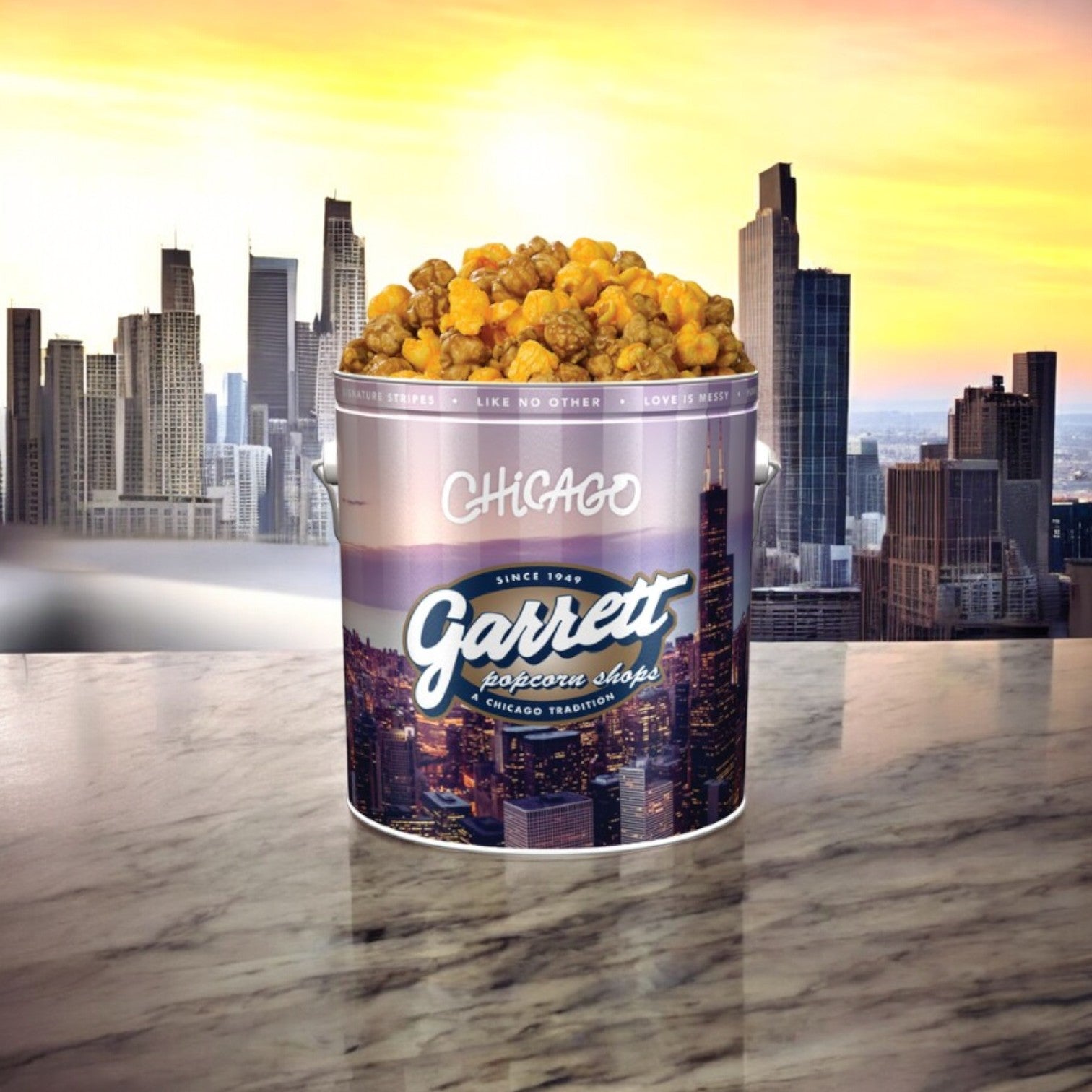 A tin of Garrett Mix & Ditka Italian Beef by Vienna Beef rests on a marble surface with Chicago's iconic skyline in the background, showcasing true Chicago style.