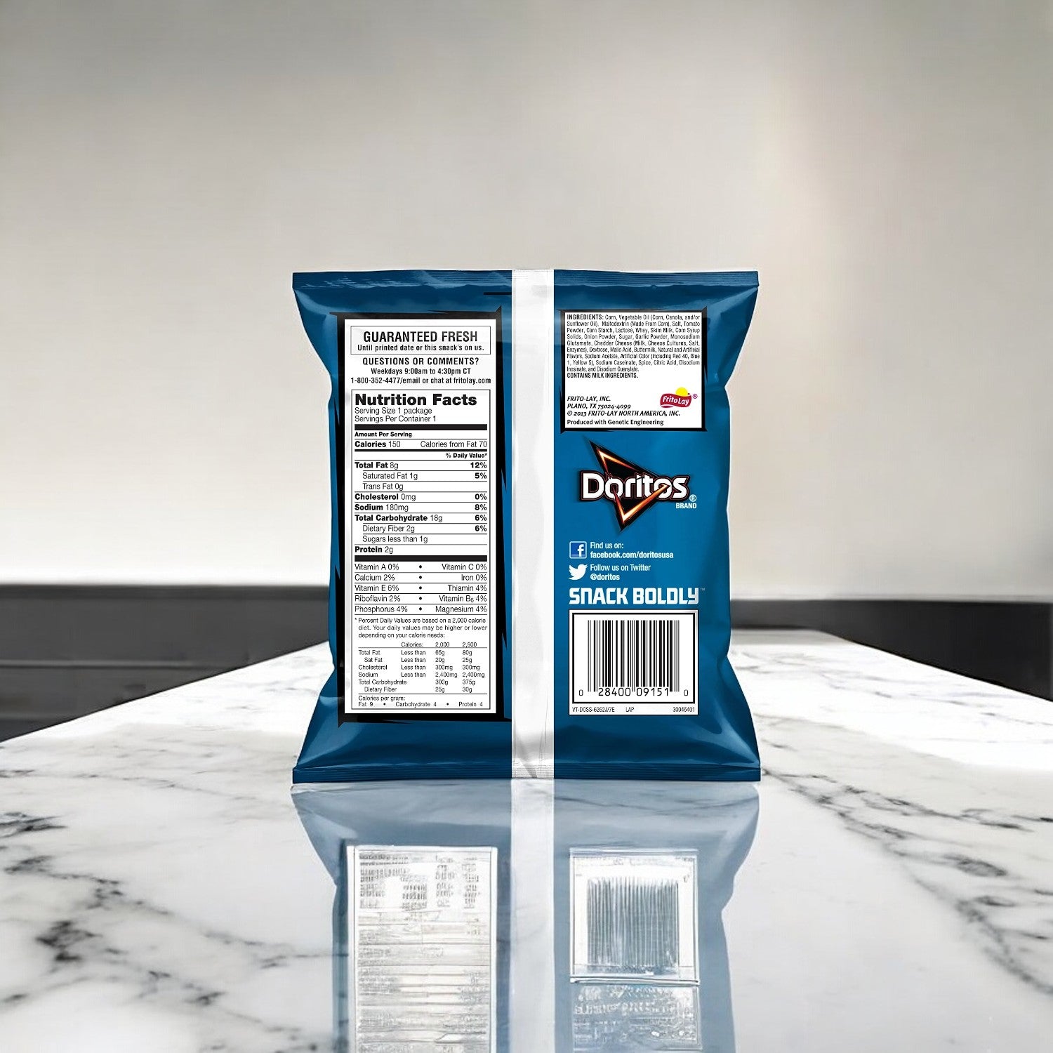 A bag of Doritos Cool Ranch Flavored Tortilla Chips, 1 oz from Frito Lay stands on a marble surface, proudly displaying the back with a nutrition facts label, perfect for on-the-go snacking.