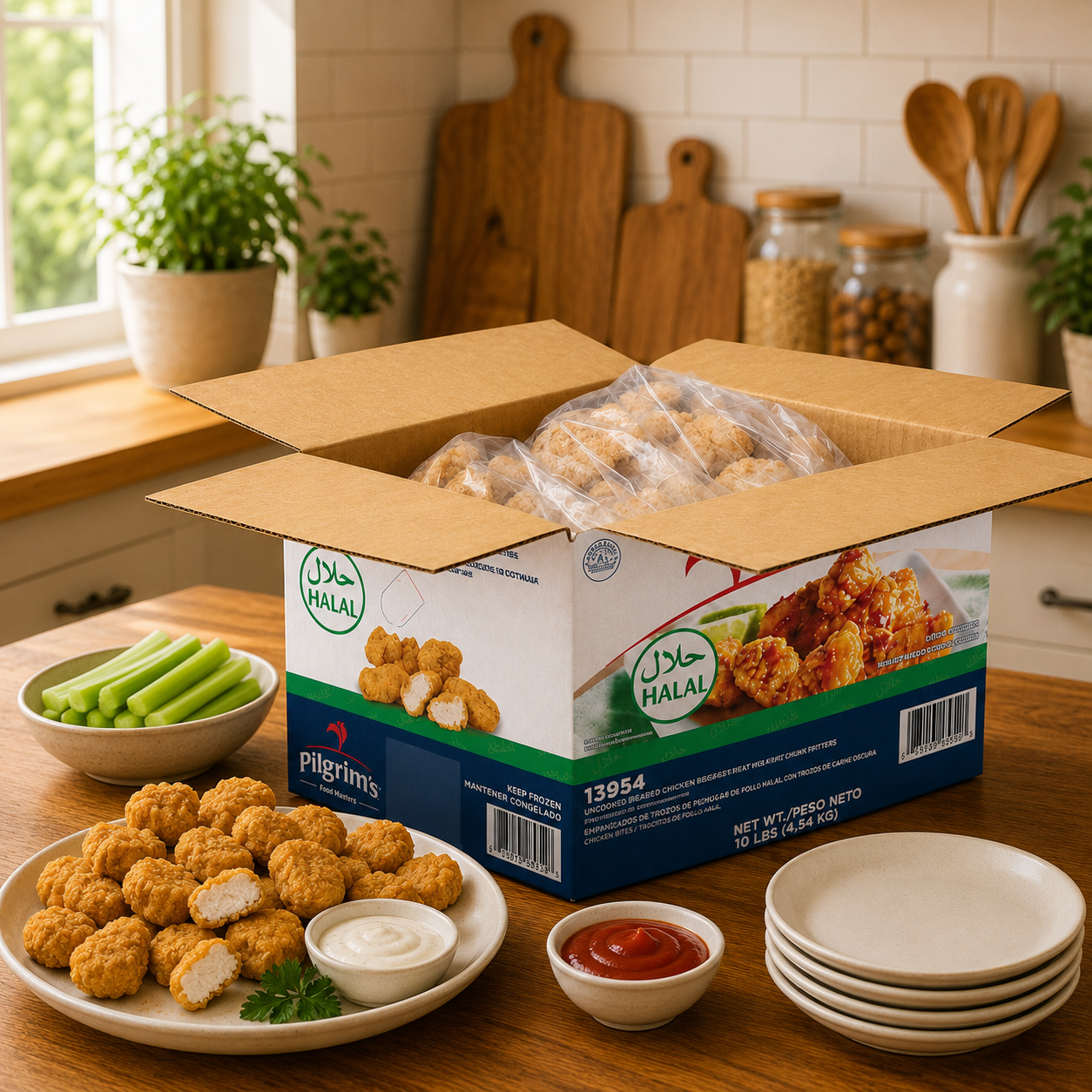 Pilgrim's Foodservice Uncooked Halal Chicken Breast with Rib Meat Chunk Fritters – 1 Case