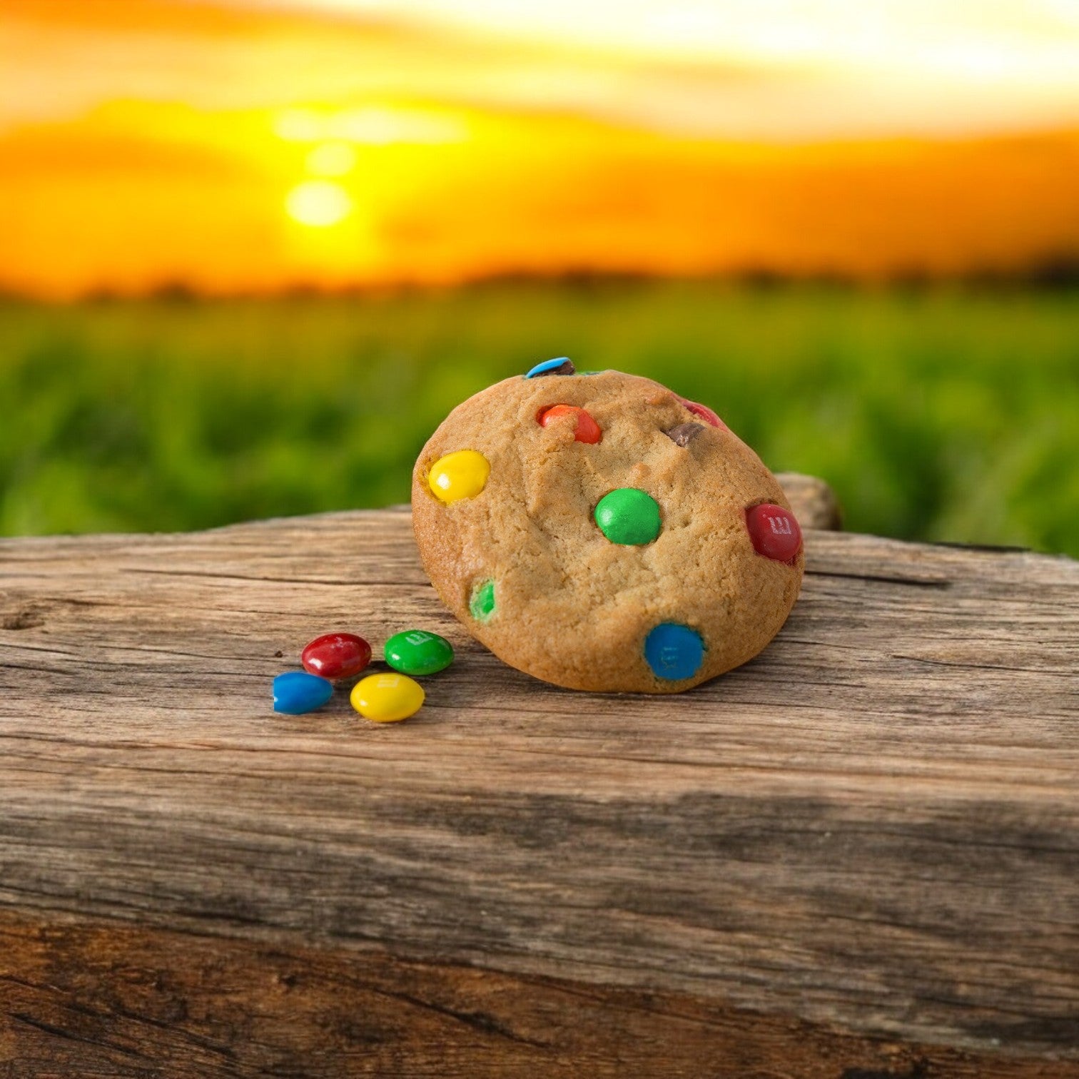 A vibrant David's Cookies Dough M&M Cookie with colorful candy pieces sits on a wooden surface, set against a blurred field and sunset background.