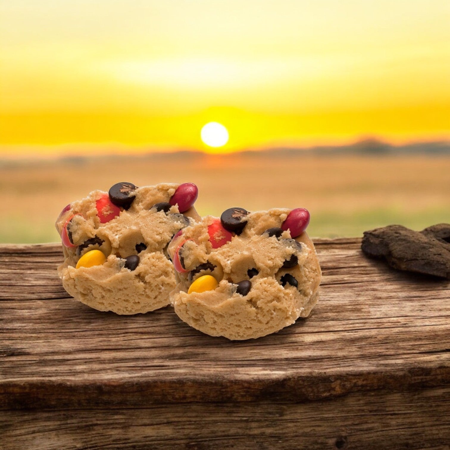 Two scoops of David's Cookies Dough Cookie - M&M, filled with colorful candies and chocolate chips, sit on a wooden surface against the warm glow of a sunset.