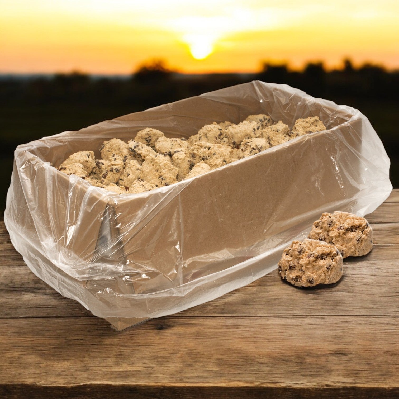 A cardboard box, labeled David's Cookies Dough Cookie - Oatmeal Raisin, sits on a wooden surface. Two scoops of cookie dough are beside it, all framed by a stunning sunset backdrop.