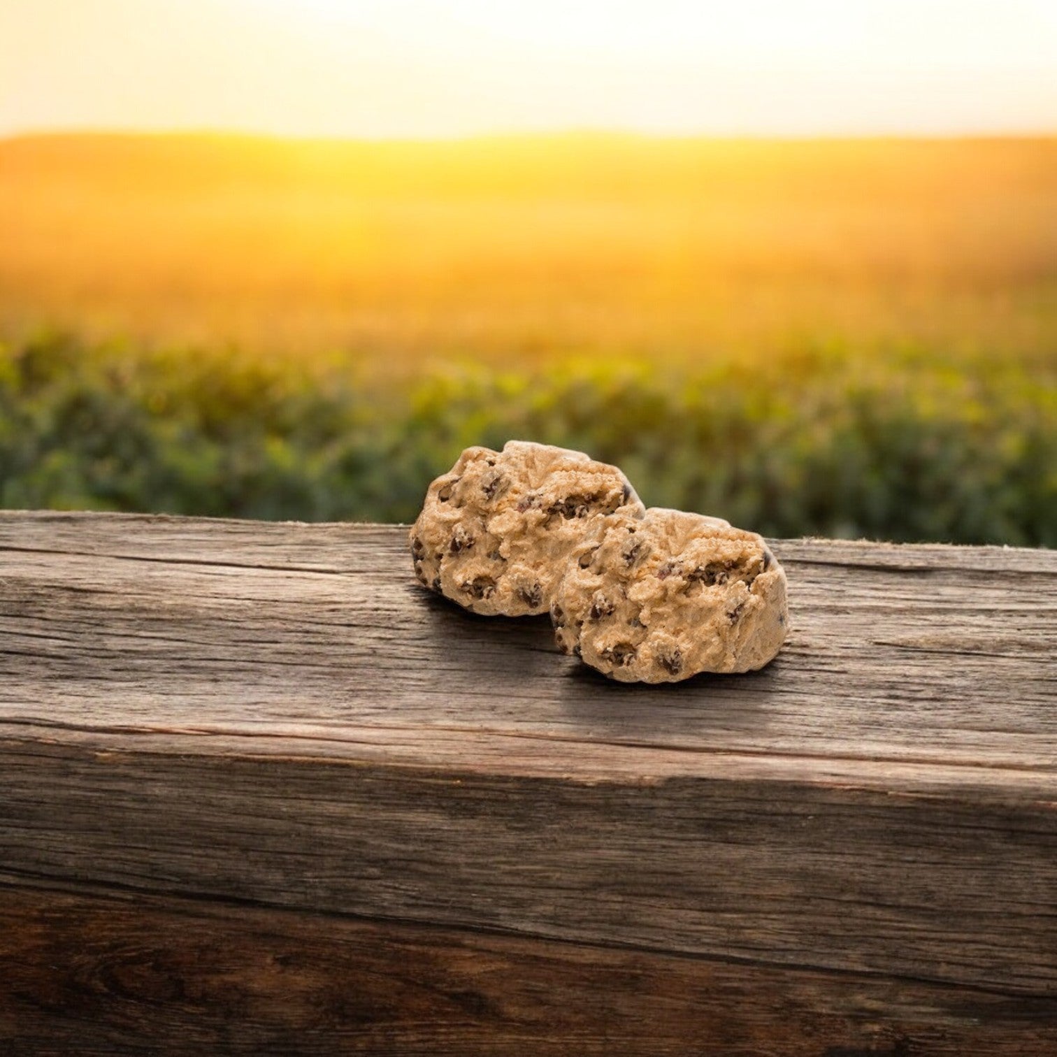 Two oatmeal raisin cookies from David's Cookies rest on a wooden surface, with a blurry sunset casting warm hues in the background. These David's Cookies treats promise a delightful twist to your sweet indulgence.