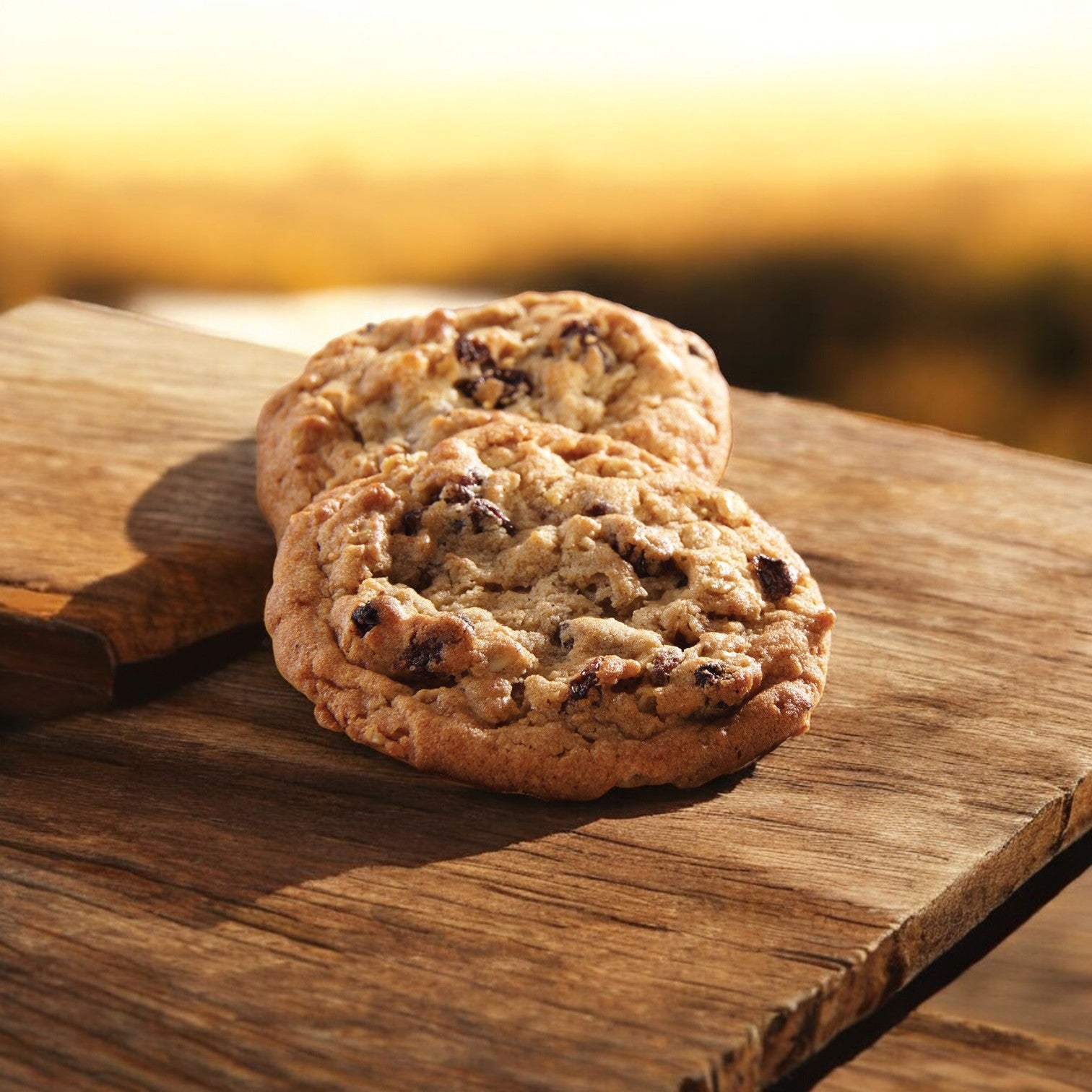 Two oatmeal raisin cookies from David's Cookies rest on a wooden surface against a blurred outdoor background.