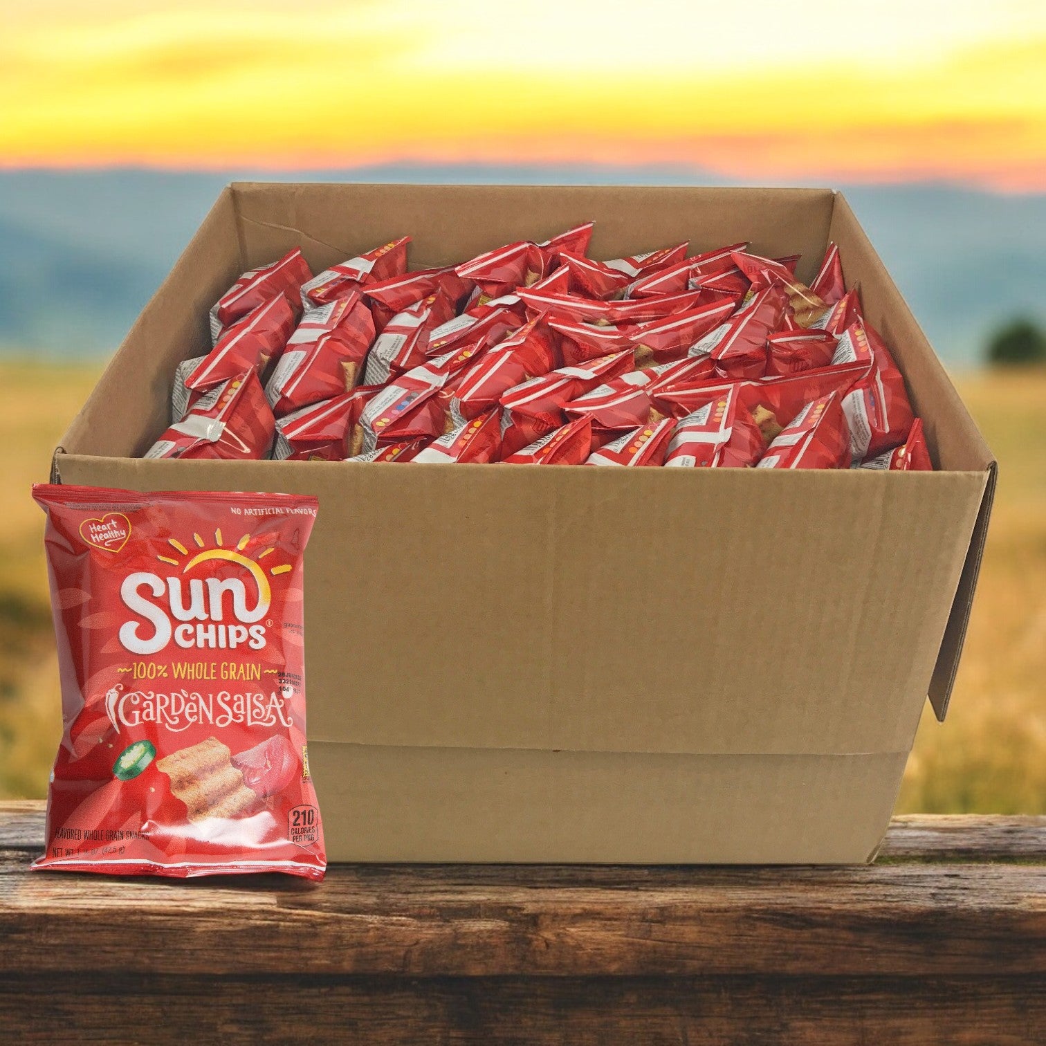 A Sun Chips box filled with 64 single servings of Sunchips Multigrain Garden Salsa (1.5 oz each) features a bag in front, set against a blurred outdoor background.