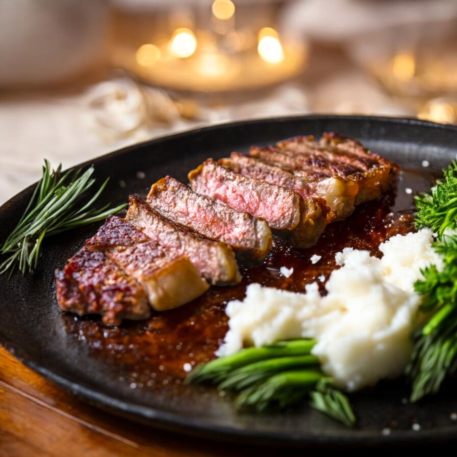 The Mino Prime Steaks 10 oz New York Strip Steak, grilled to perfection, sits on a black plate with creamy mashed potatoes, elegantly garnished with rosemary and parsley. Savor the premium quality from Mino Prime Steaks in every bite.