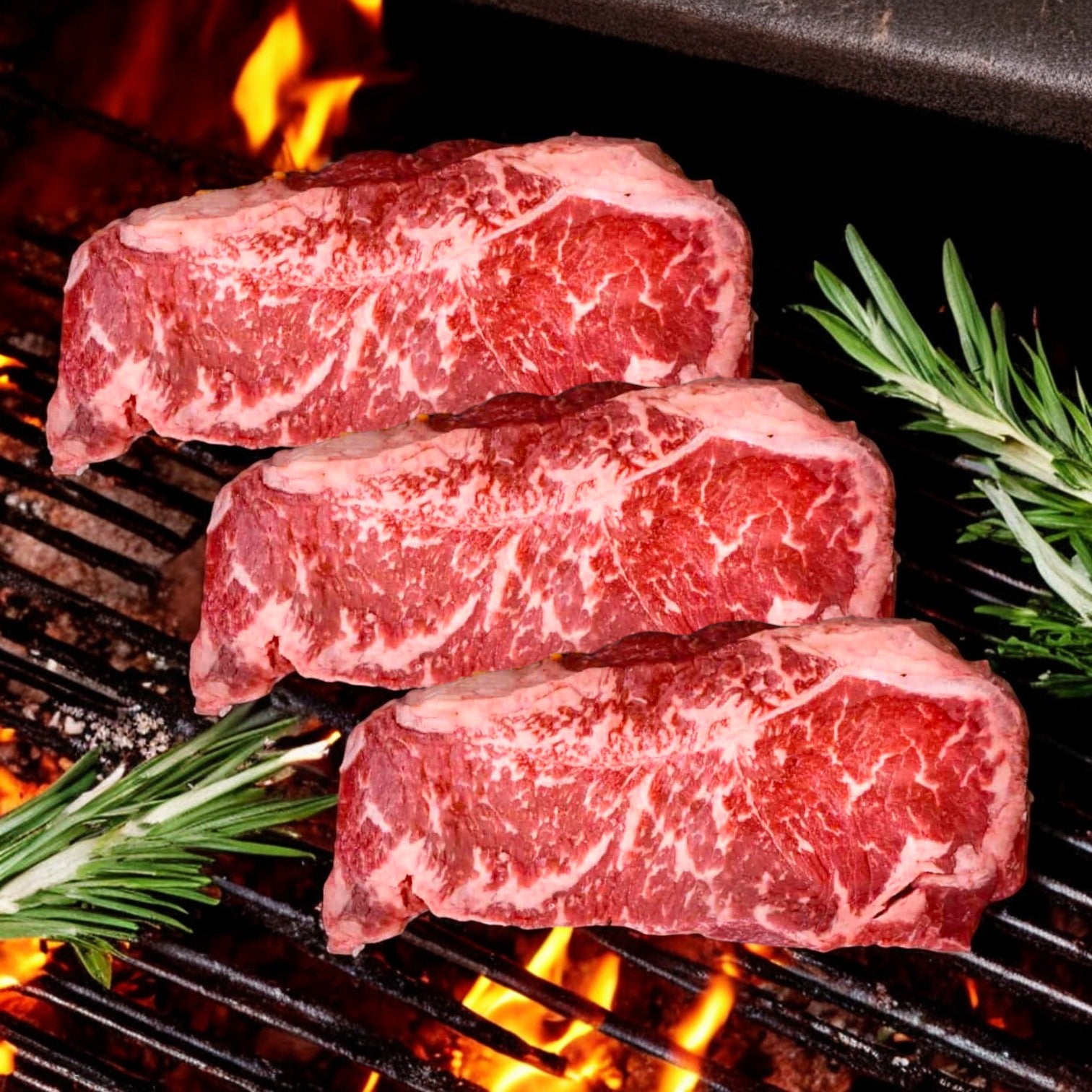 Three Mino Prime Steaks – 10 oz New York Strip Steaks sizzle on the grill, flames dancing below with rosemary sprigs on the side.