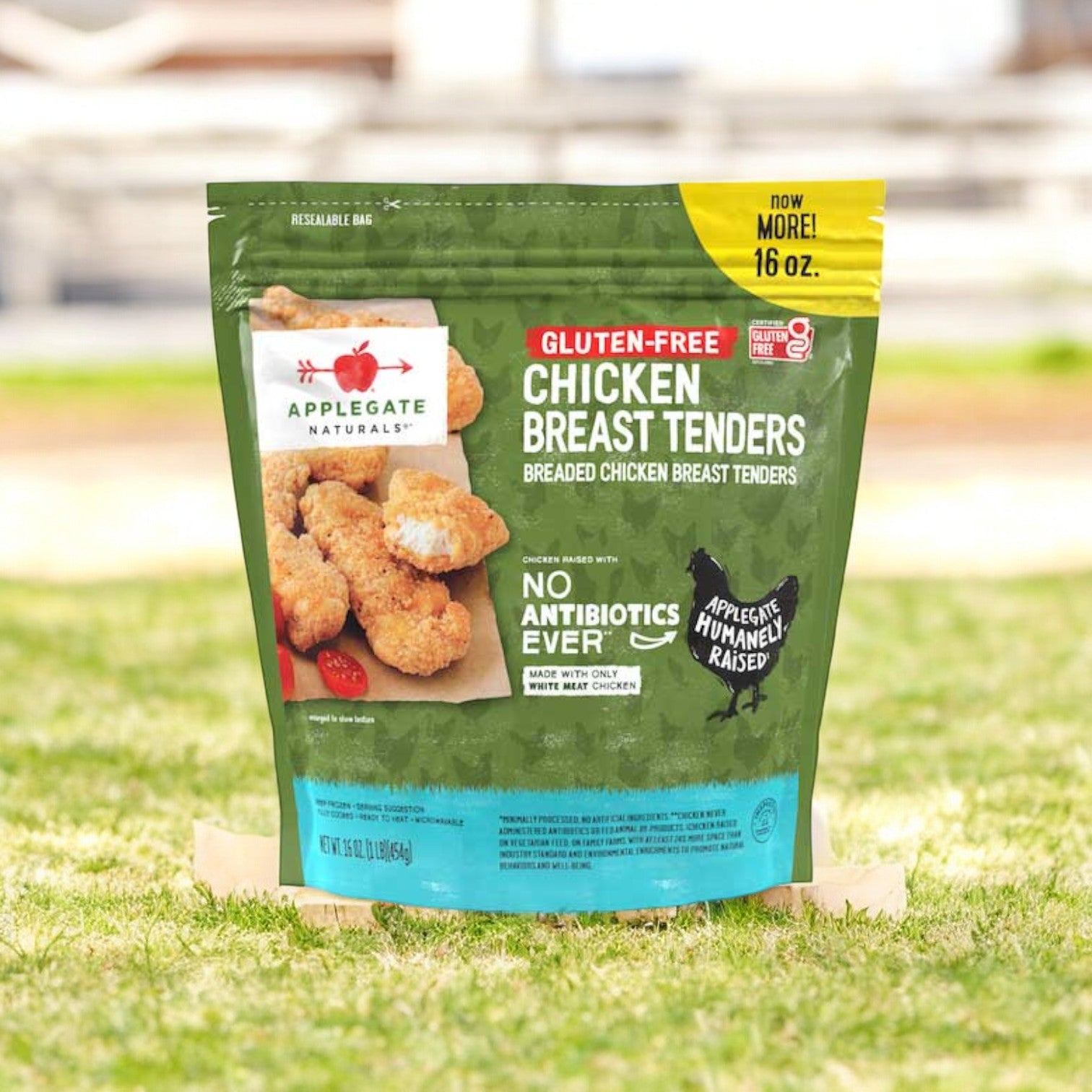 A package of Applegate Gluten Free Breaded Chicken Breast Tenders, 16 oz., is displayed on the grass, highlighting its "no antibiotics" and "humanely raised" attributes. Ideal for individuals who prioritize gluten and casein-free choices in their meals.