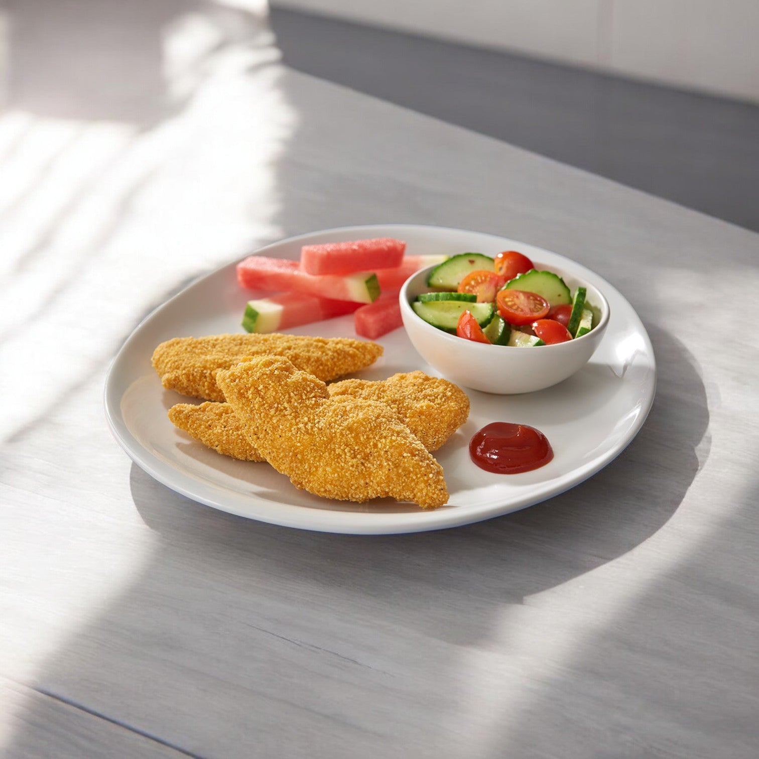 A plate with Easy Lunches Harvestland Gluten Free Fully Cooked Breaded Chicken Breast Tenders, a small bowl of cucumber and tomato salad, a dollop of ketchup, and slices of watermelon on a light-colored table.