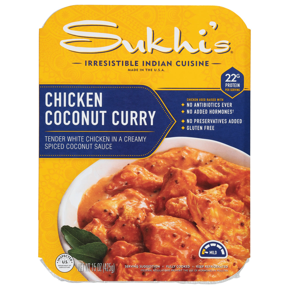 The packaging for Sukhi's Indian Chicken Coconut Curry Family Entree Meal (15 oz. - 1 Count) showcases an image of aromatic spices enhancing a bowl of curry. The text emphasizes its high protein content, lack of additives, and gluten-free qualities, celebrating its authentic recipe.