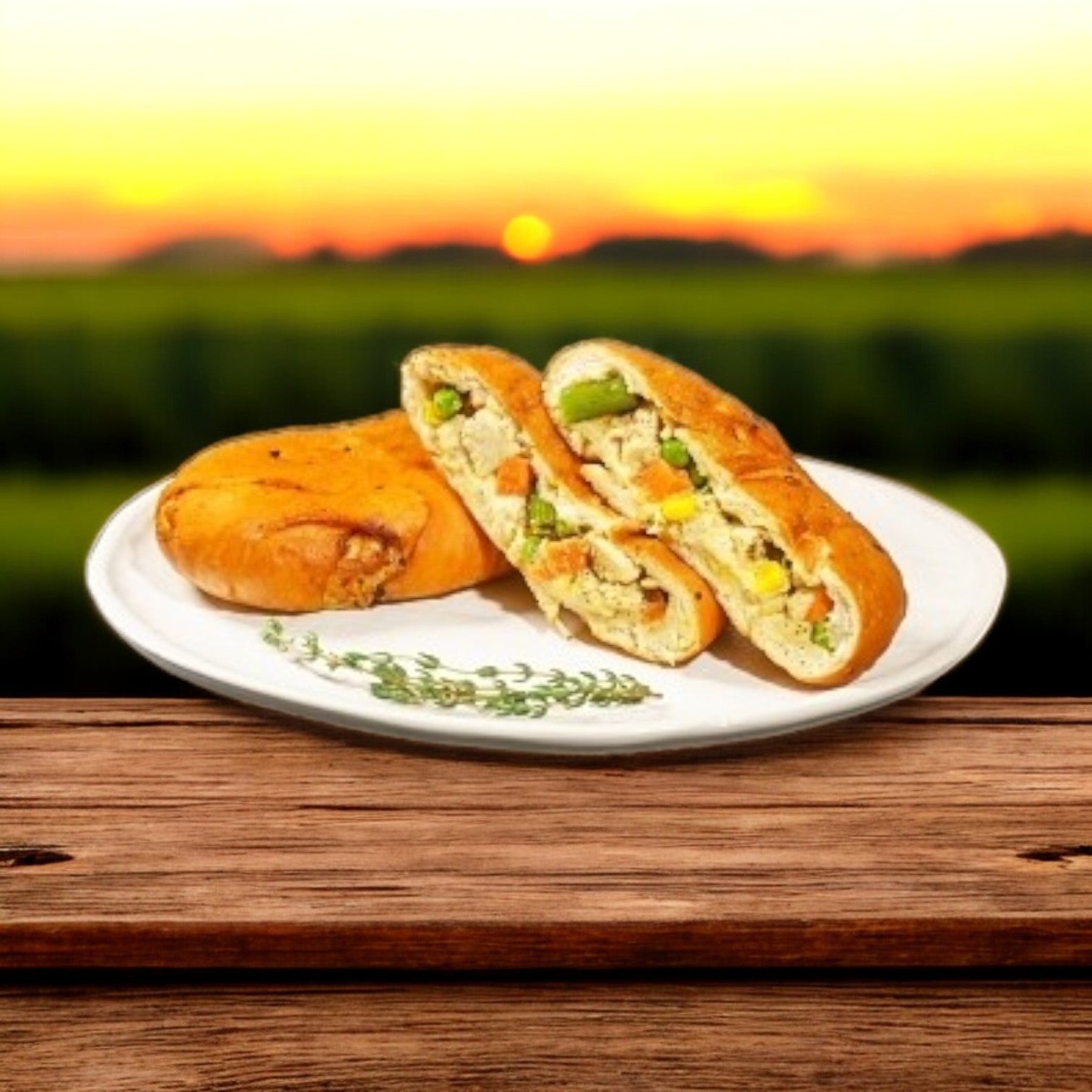 A plate on a wooden table displays Clara’s Kitchen Hand-Held Chicken Pot Pie, showcasing a cozy blend of vegetables and chicken, akin to the classic dish. In the blurred background, a sunset paints the sky over a serene green field.