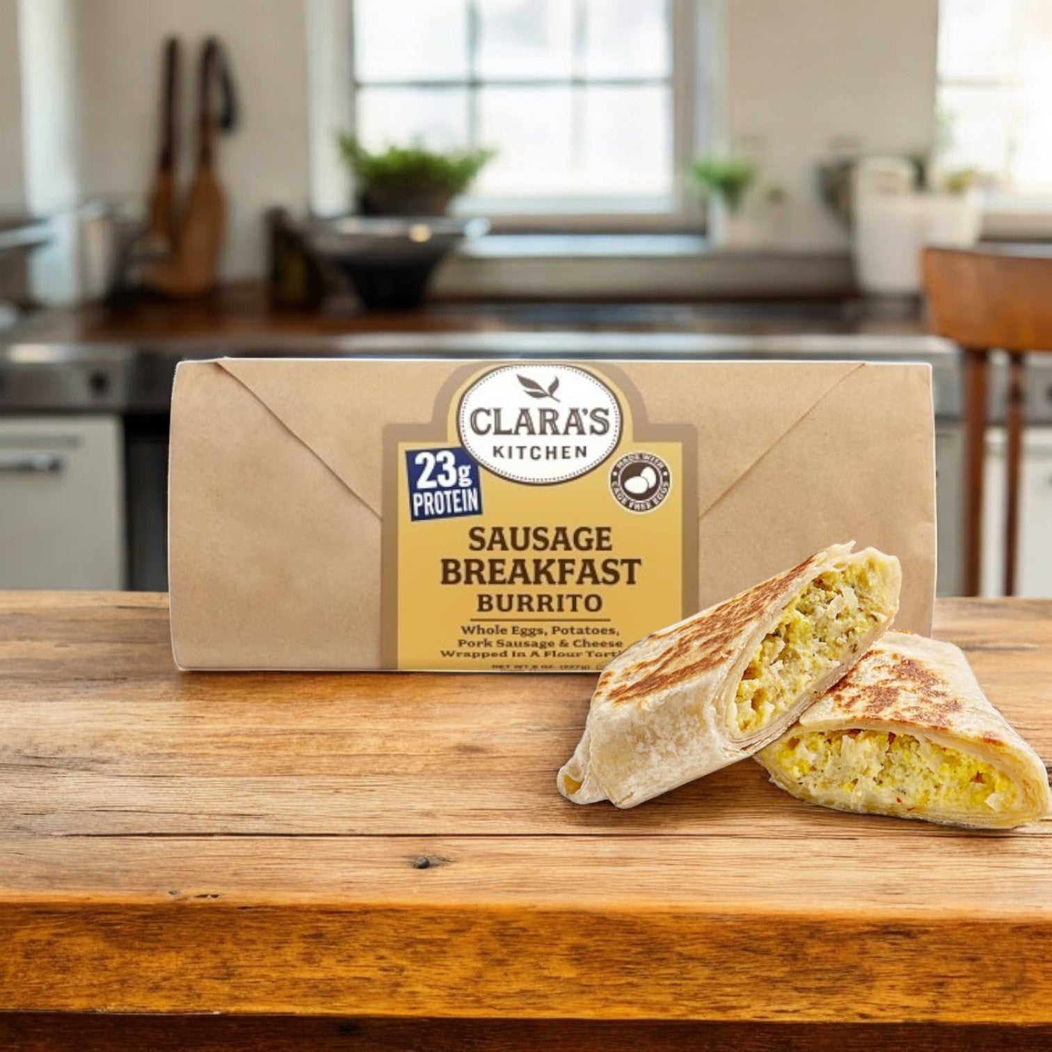 On a wooden counter lies an 8 oz. Clara's Kitchen Individually Packaged Sausage Breakfast Burrito. A halved burrito showcases its tasty filling of eggs, potatoes, sausage, and cheese. Conveniently packaged for a perfect start to your day.