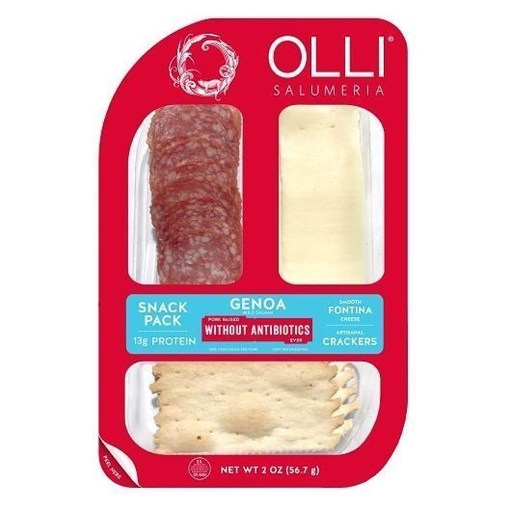 The Olli Salumeria Snack Pack Genoa - 2 oz - 1 Count from Olli offers a delicious combination of Genoa salami, Fontina cheese, and artisan crackers for a delightful taste of artisanal Italian flavors. Proudly marked with "No antibiotics ever," this 2 oz (56.7 g) treat is perfect for a savory snack.