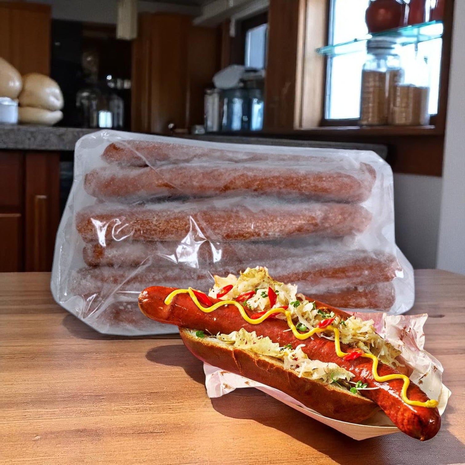 An Eisenberg All Beef Gourmet Frankfurter from Easy Lunches, topped with mustard, ketchup, and sauerkraut, is on a table in front of a sealed package containing several large churros.