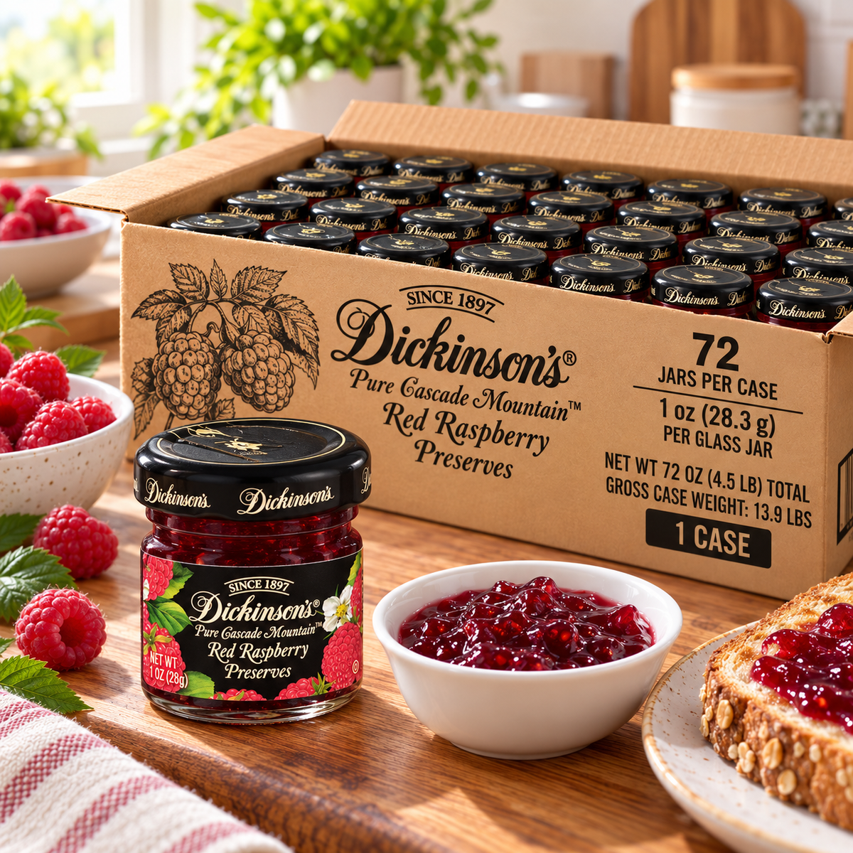 Dickinson Pure Cascade Mountain Red Raspberry Preserves – 1 case (72 × 1 oz Glass Jars)