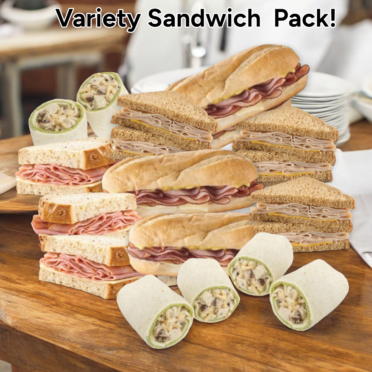 A display of various sandwiches and wraps, including Chicken Caesar Wraps, Oven Roasted Turkey and Cheese, Ham and Swiss on Multigrain, and Smoked Ham and Swiss Subs, with a label in the background reading "Easy Lunches Sandwich Variety Pack - 12 Total!" The sandwiches are arranged on a wooden surface.