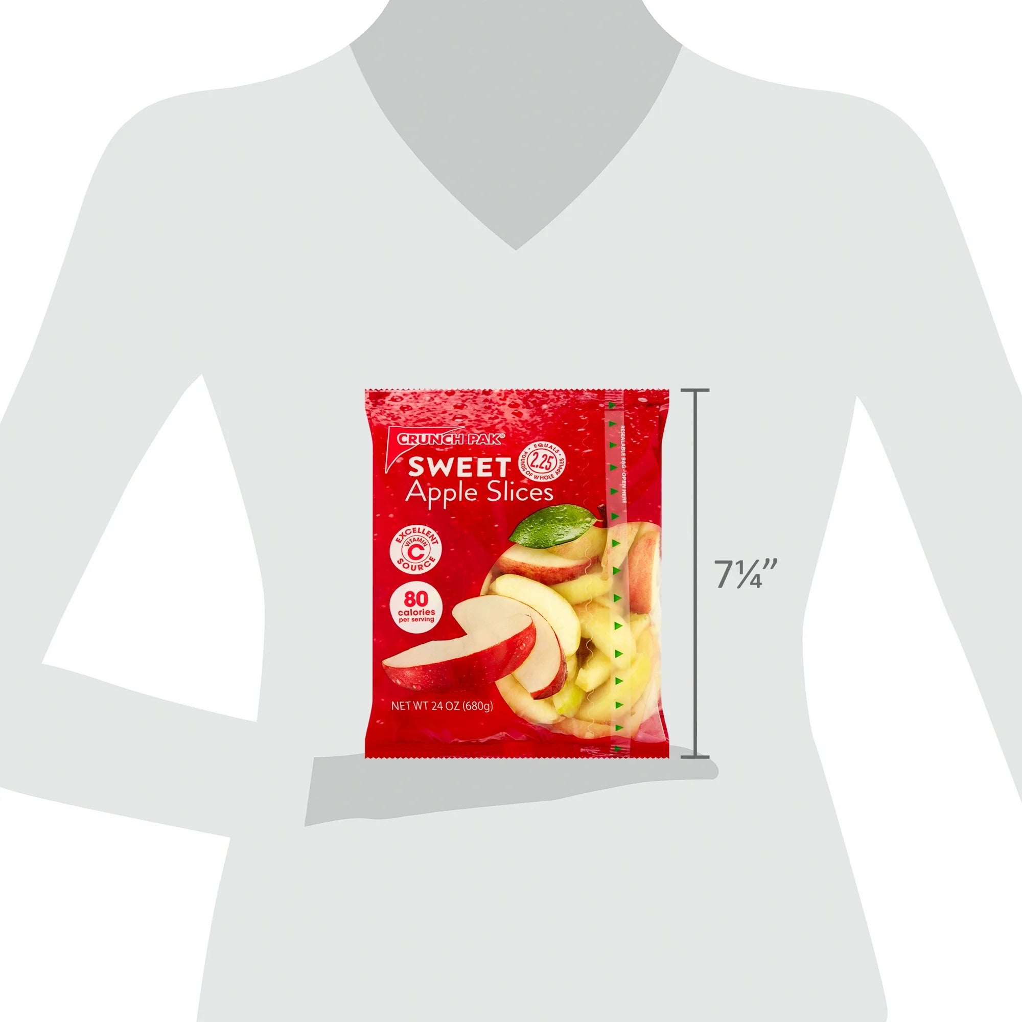 Illustration of a person holding a 24 oz resealable bag of Crunch Pak Fresh Sweet Apple Slices, Family Size, labeled with 80 calories per serving. Perfect for on-the-go snacks, the bag stands approximately 7 1/4 inches in height.