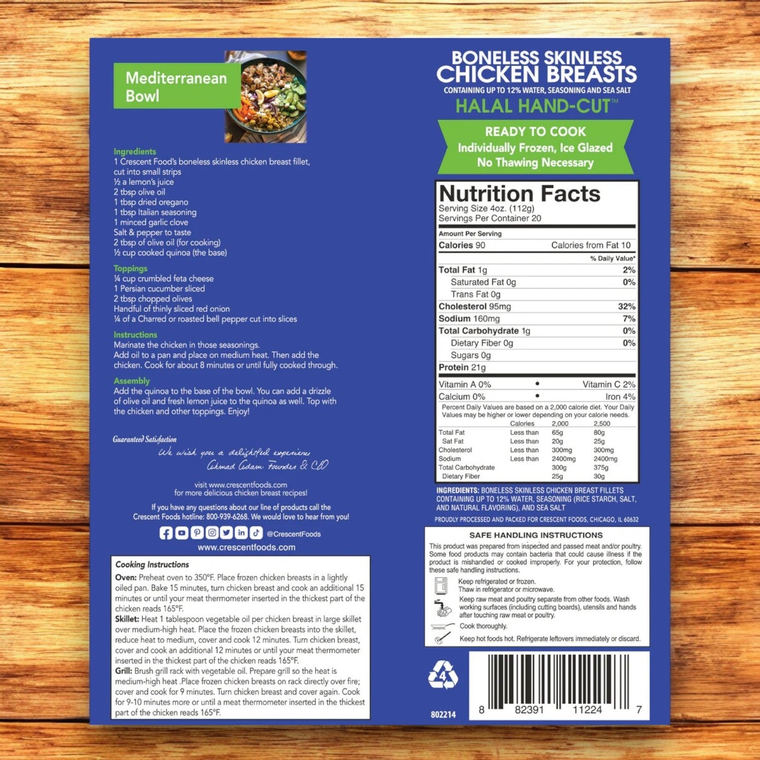 Crescent Foods' All Natural Chicken Breasts packaging in a blue backdrop features a Mediterranean bowl recipe, nutrition facts, cooking instructions, recycling symbols, and social media icons. Enjoy quality with our Halal hand-cut boneless skinless chicken breasts.