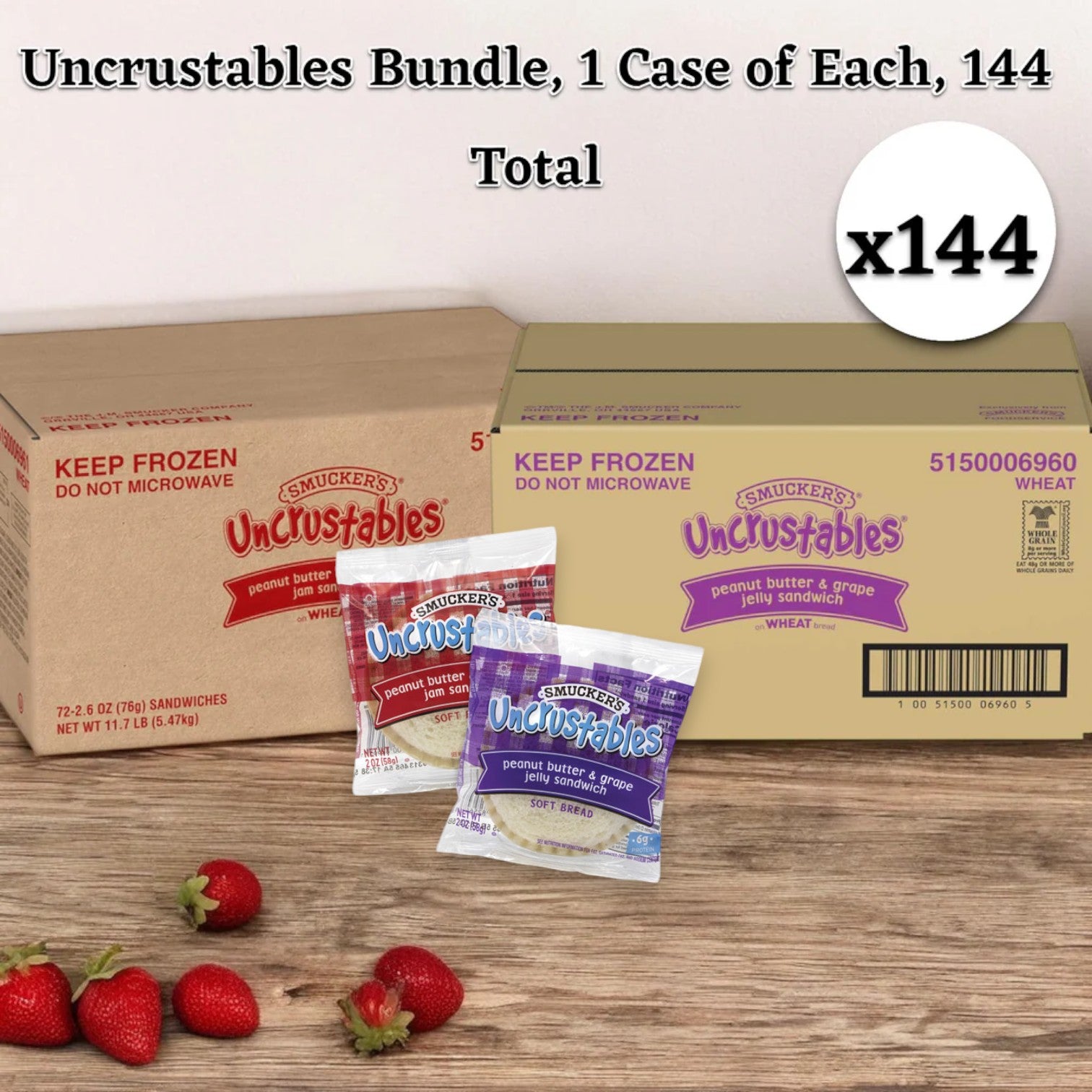 A display of Uncrustable Smuckers Uncrustable Bundle! featuring 72 Grape Jam Uncrustables and 72 Strawberry Jam Uncrustables, totaling 144 units. The image includes a cardboard box and individual sandwich packets on a wooden surface, showcasing this convenient frozen snack.