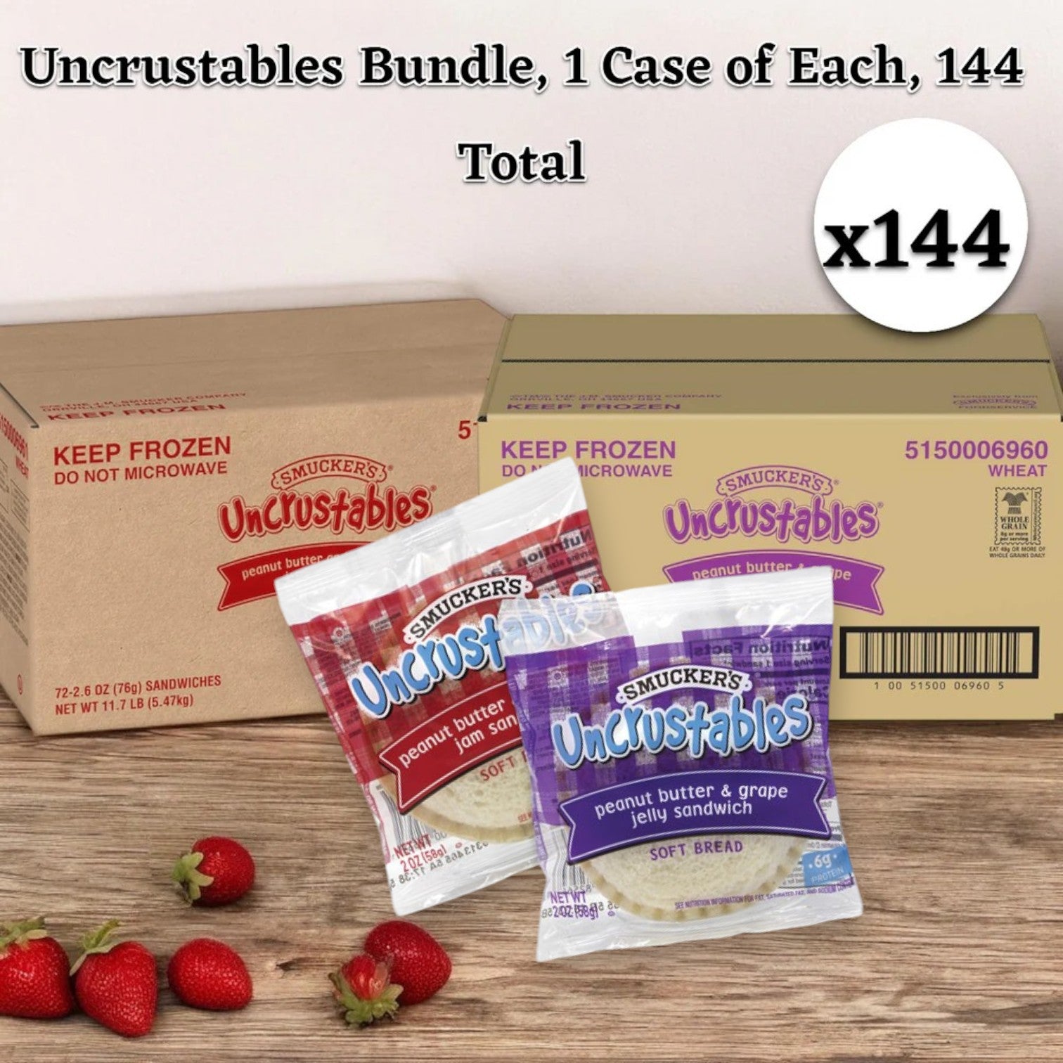 The Uncrustable Smuckers bundle includes a total of 144 sandwiches, featuring 72 Grape Jam Uncrustables and 72 Strawberry Jam Uncrustables—perfect for school lunches or snack time. A fresh strawberry nearby adds a delightful touch.