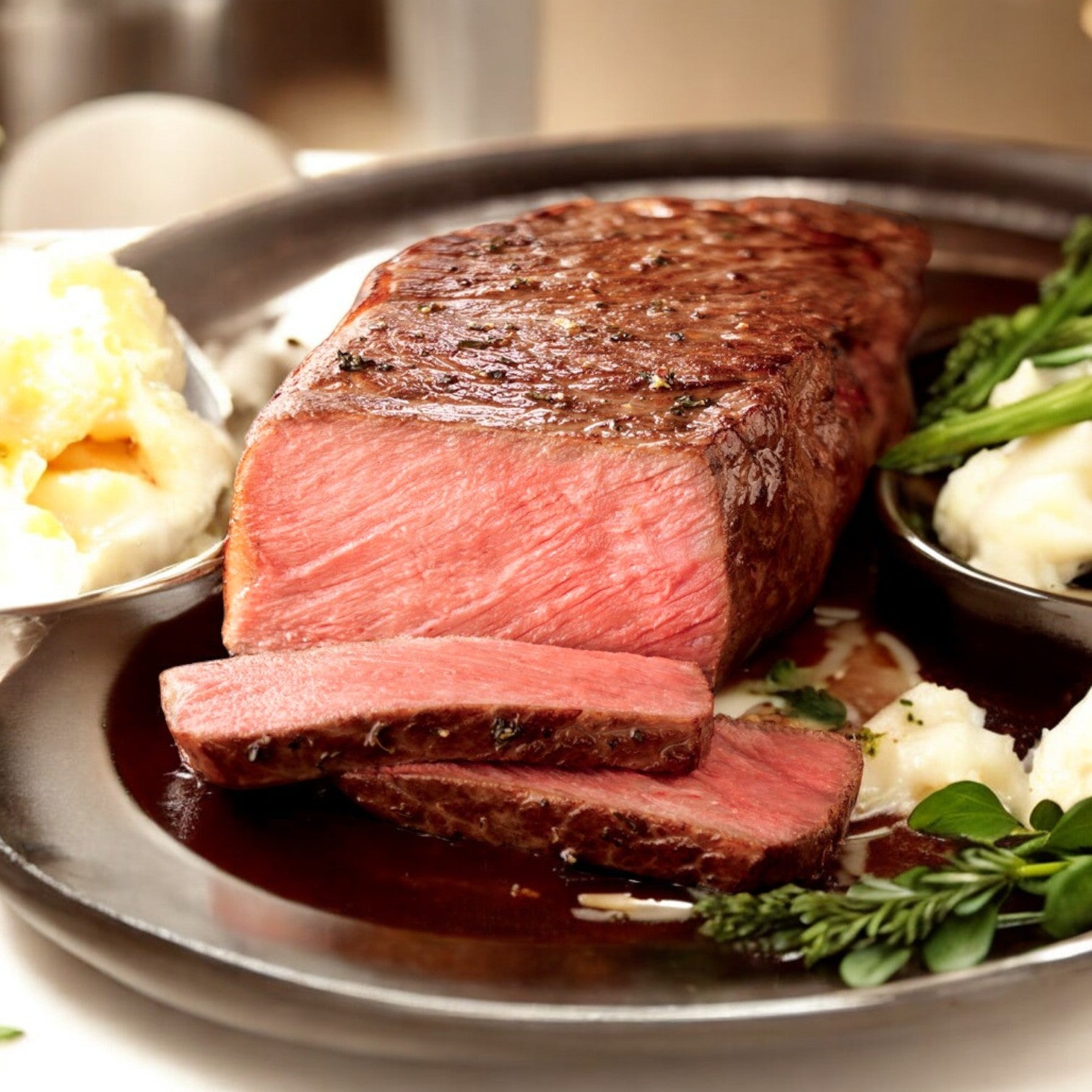 The Mino Prime Steaks - Top Seller Box features a premium wet-aged New York Strip, expertly cooked to medium-rare perfection and served with creamy mashed potatoes, tender asparagus, and garnished with fresh herbs.