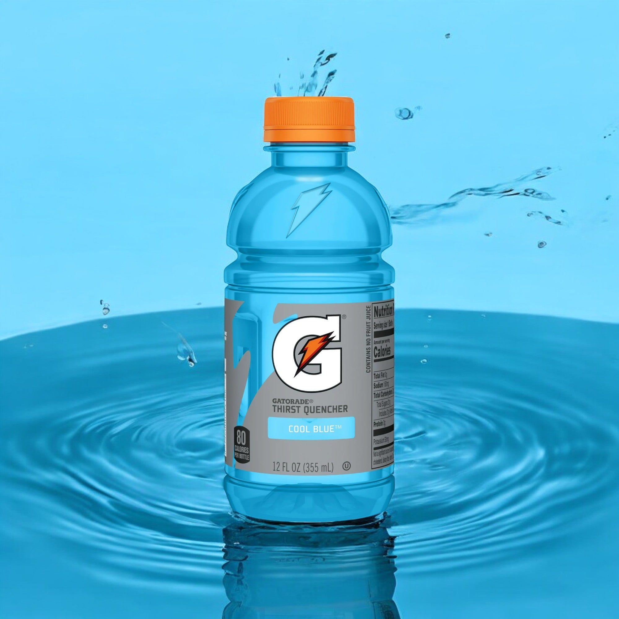 A bottle of Gatorade Cool Blue Thirst Quencher Sports Drink - Mini 12 oz, known for its superior hydration, is set against a blue water backdrop, showcasing its front label and iconic orange cap.