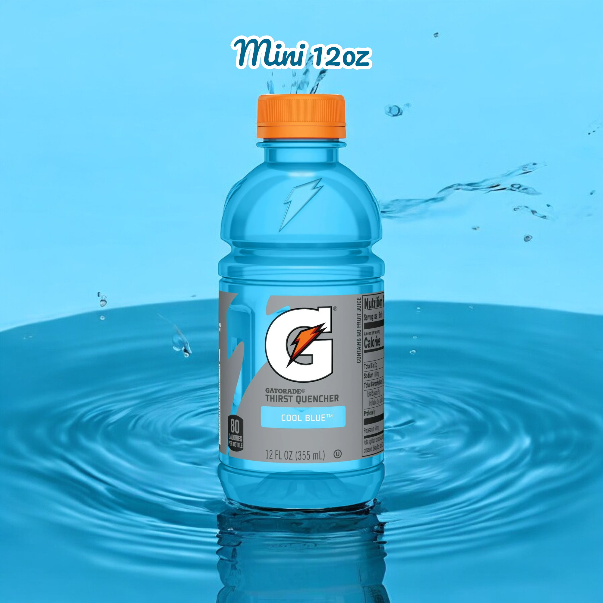 A 12 oz bottle of Gatorade Cool Blue Thirst Quencher Sports Drink, offering superior hydration and placed on a blue watery background with the text "Mini 12oz" above it.