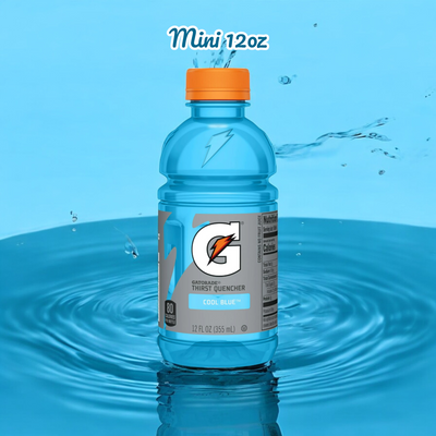 A 12 oz bottle of Gatorade Cool Blue Thirst Quencher Sports Drink, offering superior hydration and placed on a blue watery background with the text "Mini 12oz" above it.