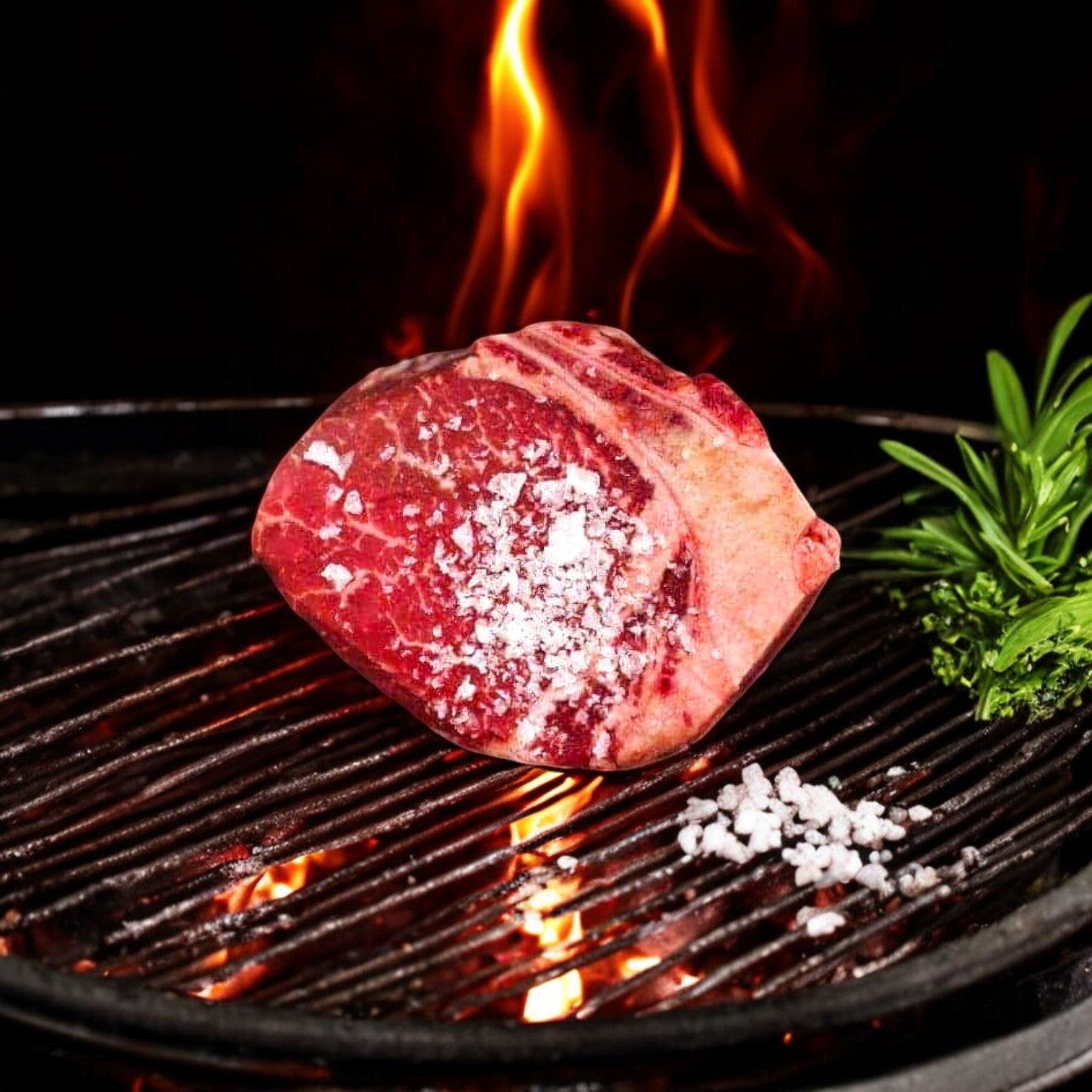 The premium Mino Prime Steaks’ "The Gambatese" Bone-In Filet sizzles on the grill, flames dancing in the background, its rich aroma enveloped by a sprig of rosemary.