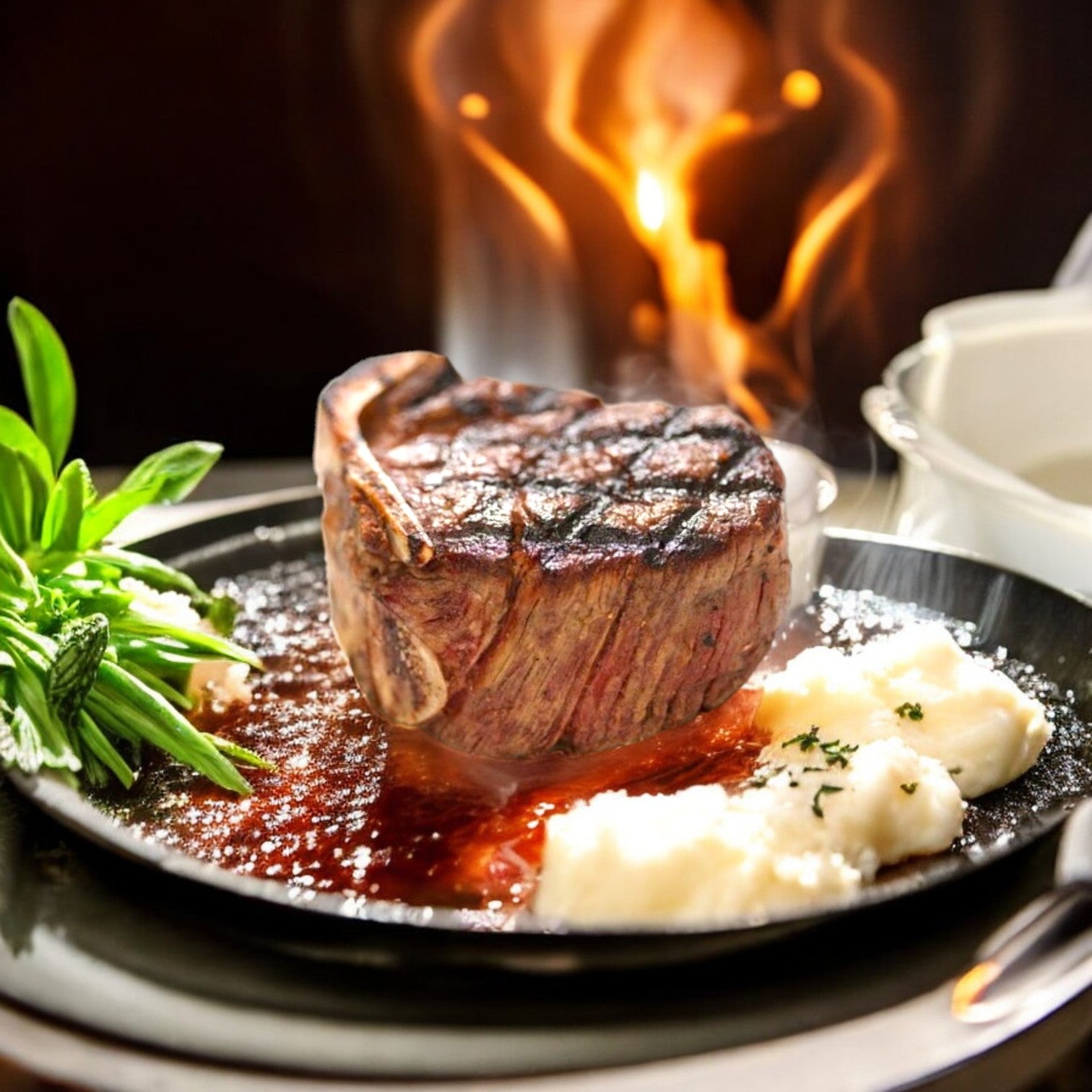 A "The Gambatese" Bone-In Filet from Mino Prime Steaks, complete with grill marks, is elegantly plated with mashed potatoes and green herbs on a black plate. A small flame in the background enhances the dramatic presentation of this gourmet meal.