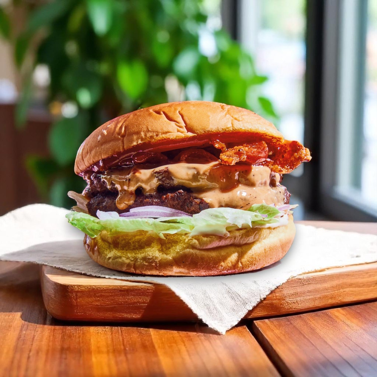 A Vienna Beef 5:1 Pure Beef Burger (3.25 oz patty) with lettuce, tomato, onion, bacon, and sauce is served on a wooden board with a napkin at a table by a window overlooking greenery.