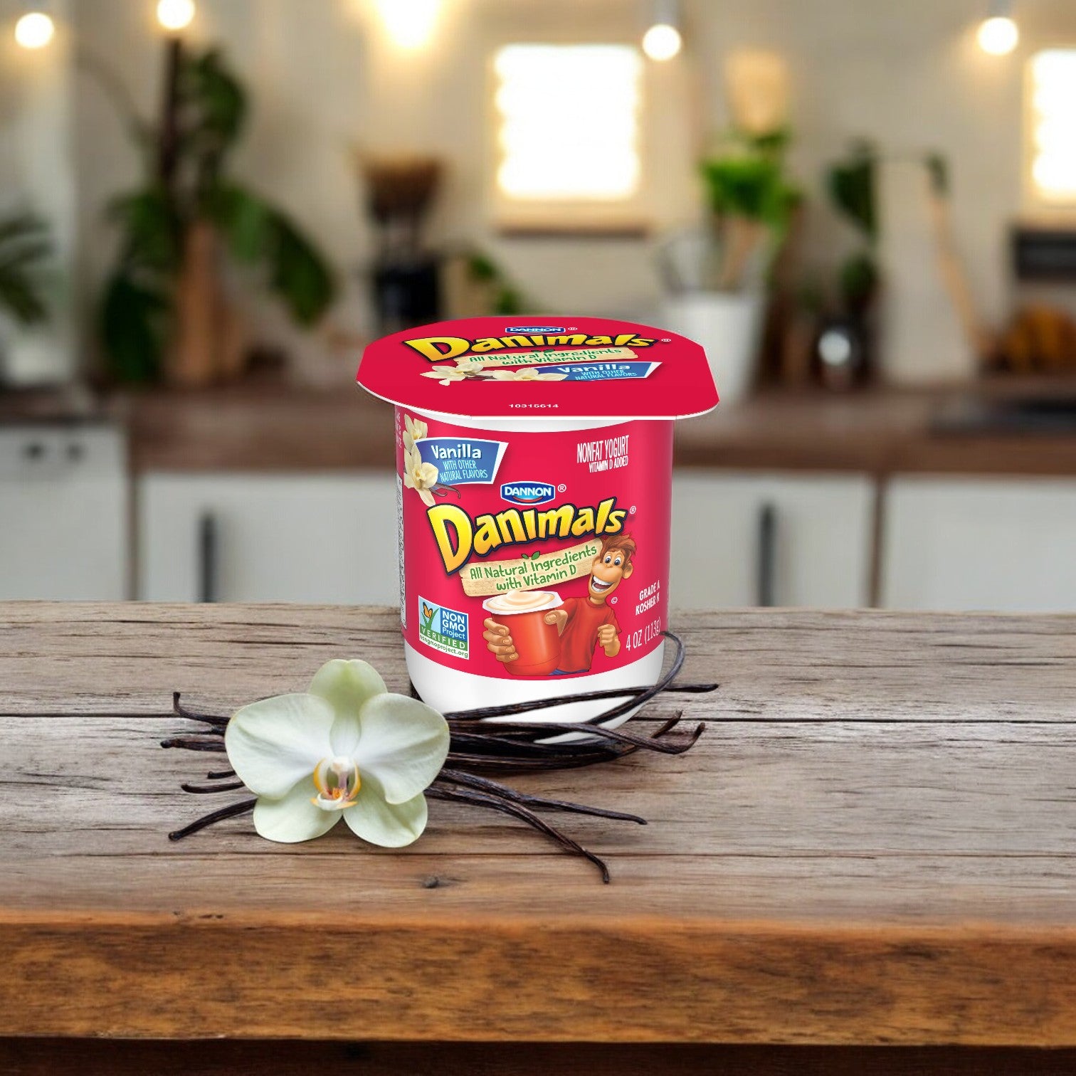 A container of Danimals Vanilla Nonfat Yogurt, a kid-friendly snack by Dannon, sits on the kitchen countertop with a vanilla orchid and beans beside it. The slightly out-of-focus background adds a cozy touch to this scene featuring the 4 oz. nonfat yogurt, available in cases of 48.