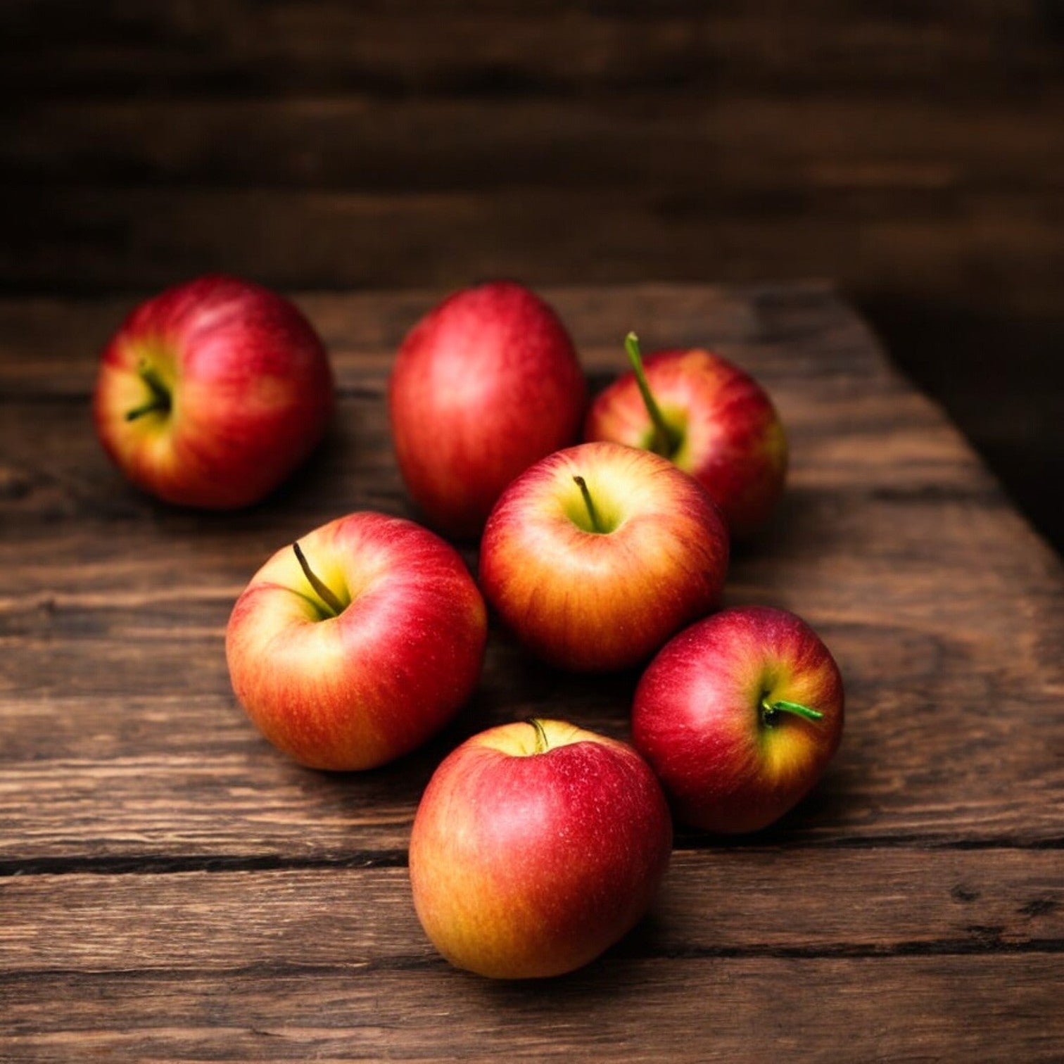 Six Organic Apples from Easy Lunches, featuring red skin with hints of yellow and green stems, are placed on a wooden surface against a similarly wooden background.