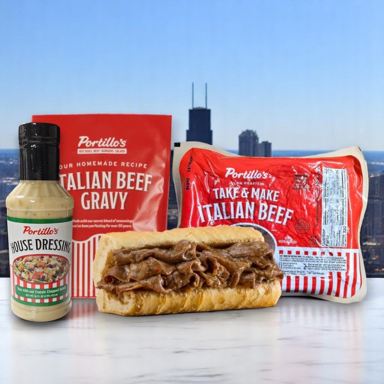 A 3-Pack Portillo’s Combo from Portillo’s, featuring Italian beef, gravy, and house dressing, is presented in front of a city skyline.