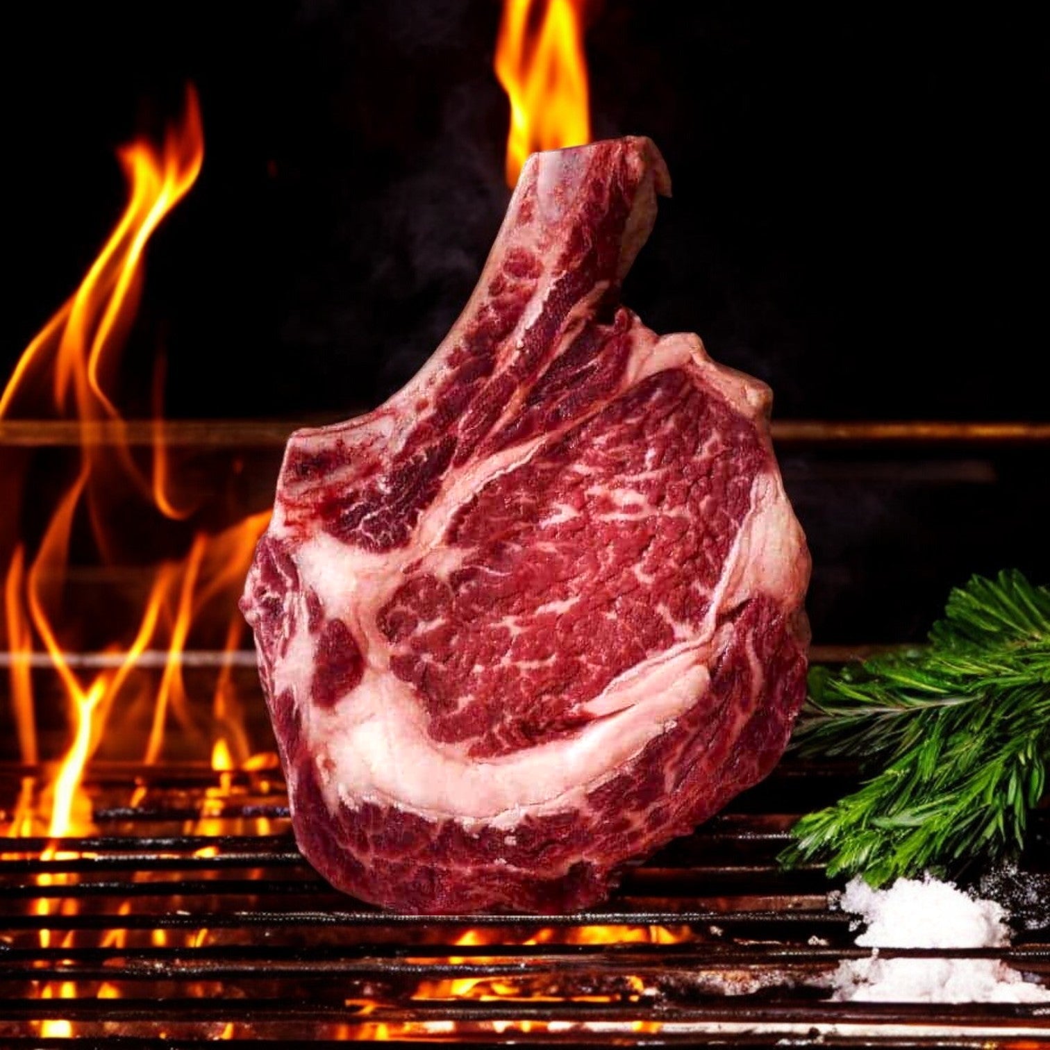 A thick, premium "Aleck Cut" Cowboy Ribeye stands on a grill with flames in the background. Nearby are a sprig of rosemary and salt, highlighting the 22 oz excellence of Mino Prime Steaks' One.