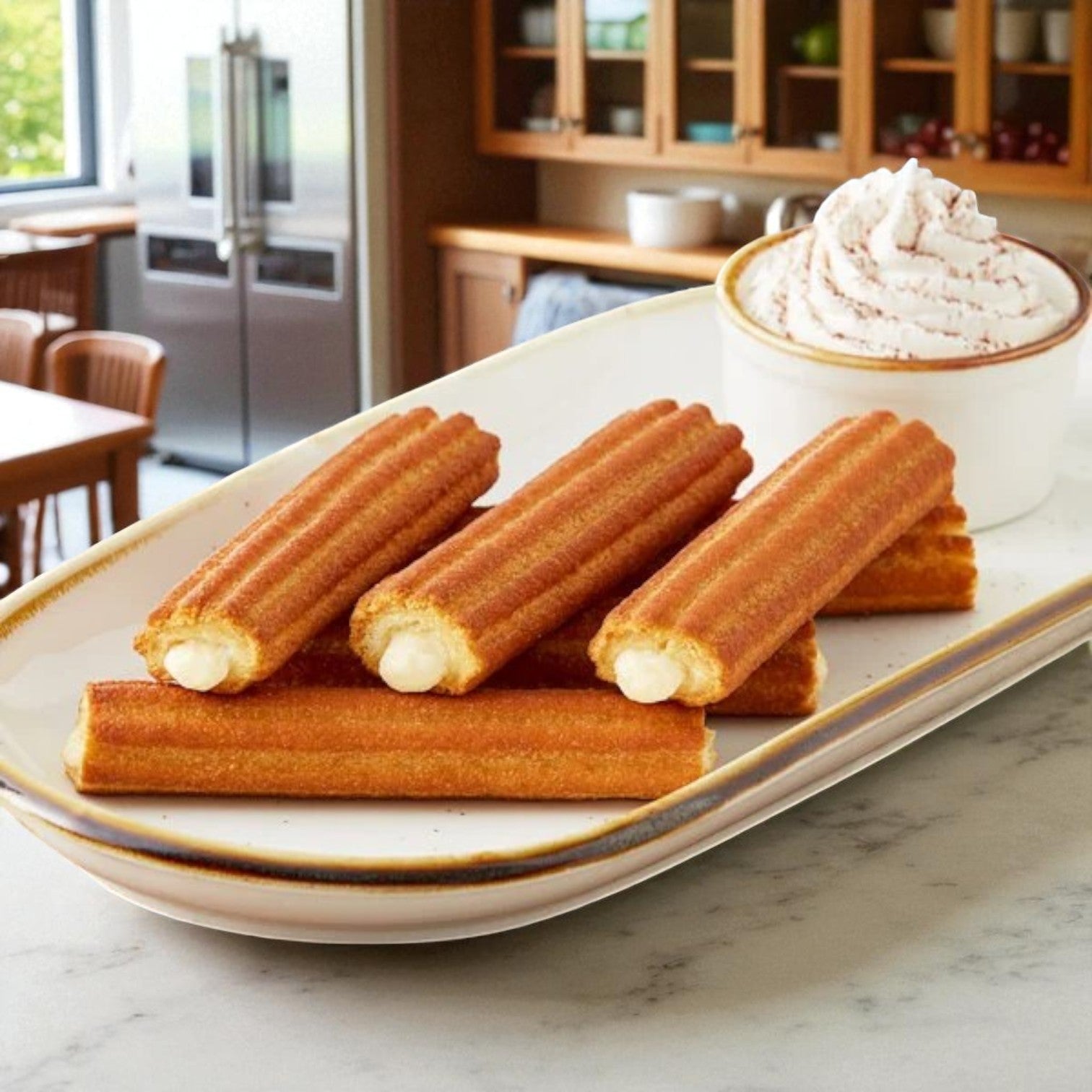 Sabor Nuestro Frozen Bavarian Cream-Filled Churros – 10" (50 ct) are served on a white plate alongside whipped cream, ready to enjoy straight from your kitchen counter.