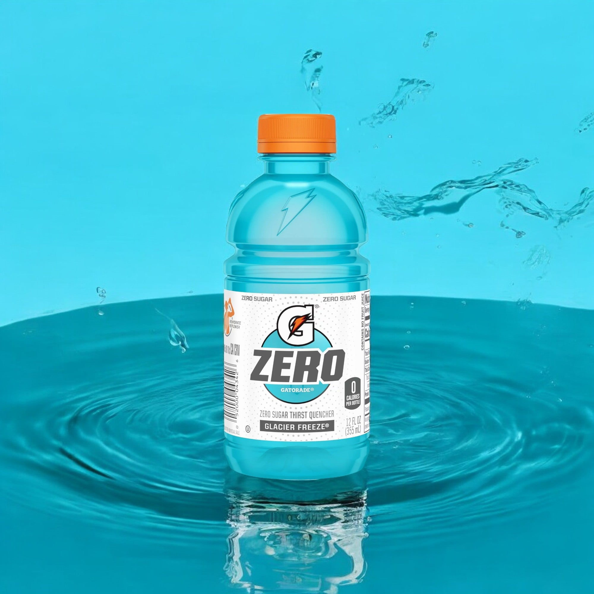 A bottle of Gatorade Zero Sugar Thirst Quencher-Mini 12 oz hovers amidst a splash in blue water, emphasizing its zero sugar and electrolyte content. Designed for elite athletes, this refreshing beverage supports hydration and recovery.