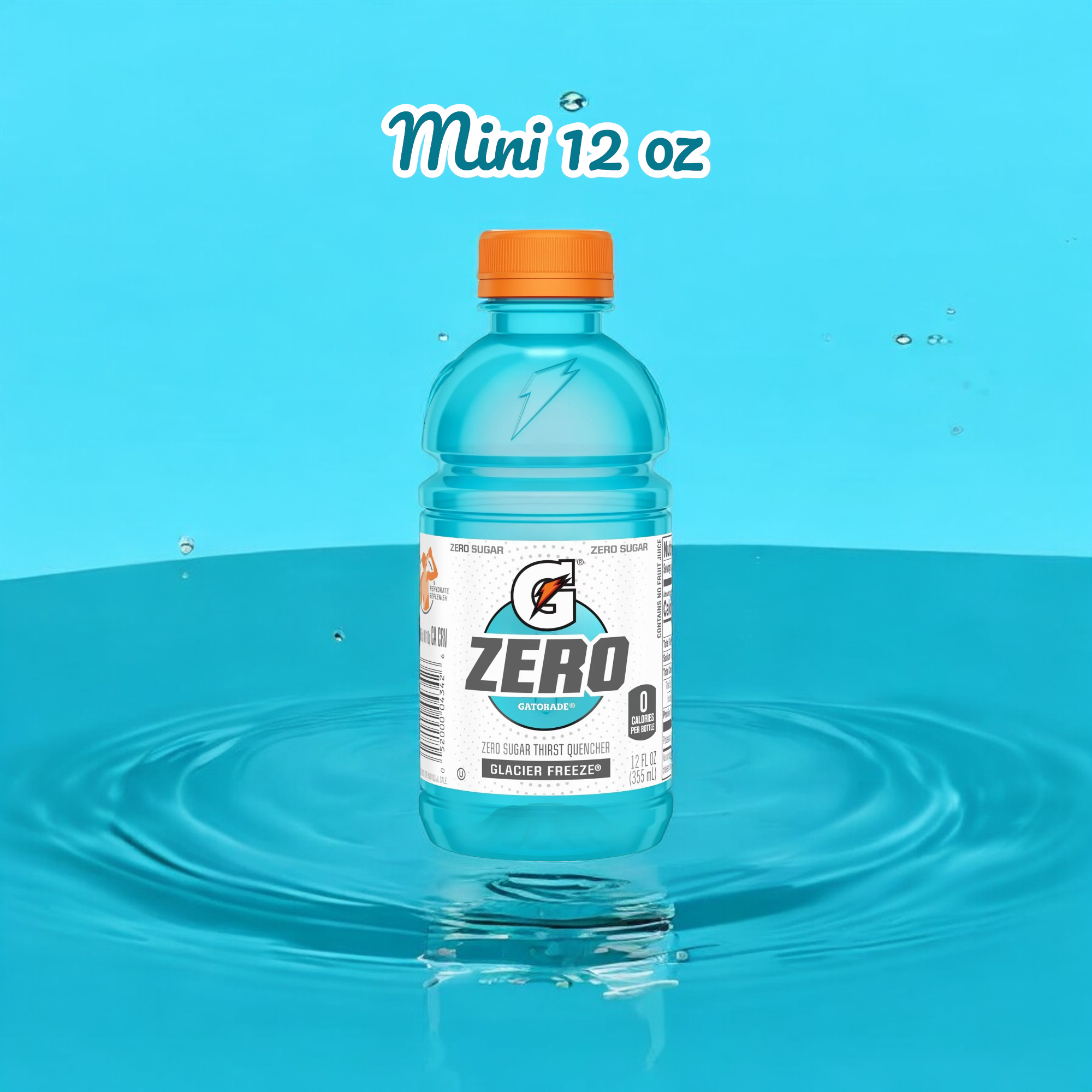 A 12 oz bottle of Gatorade Zero Sugar Thirst Quencher- Mini 12 oz stands in a pool of water, branded with the Gatorade logo. Promoting zero sugar and zero calories, this hydration solution is crafted for elite athletes.