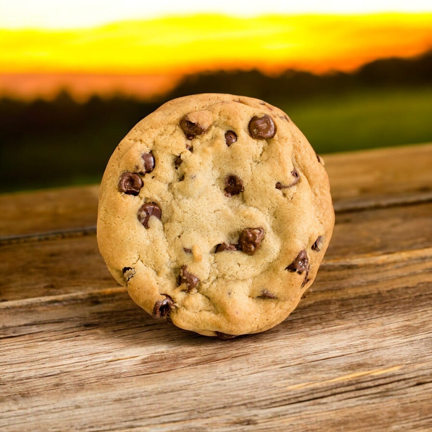 A David's Cookies Chocolate Chip Cookie from their Thaw & Serve line sits on a wooden surface, illuminated by the warm sunset glow.