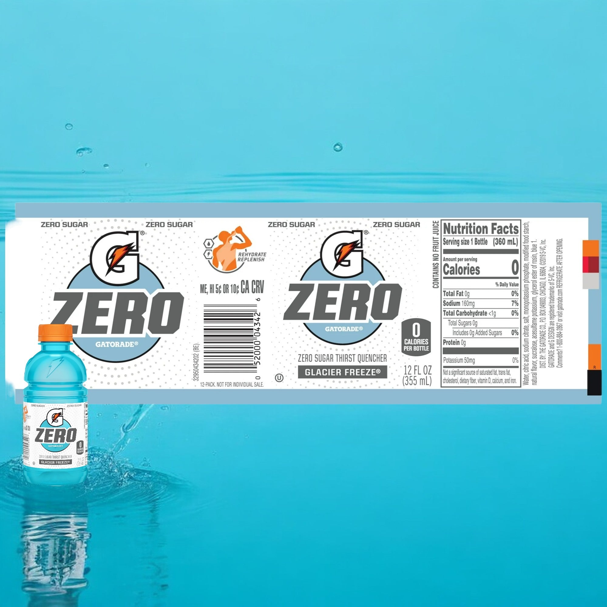 A bottle of Gatorade Zero Sugar Thirst Quencher - Mini 12 oz from Gatorade is placed in front of its label, which highlights it as a zero-sugar thirst quencher with a "Glacier Freeze" flavor. Perfect for elite athletes, it also features visible nutrition facts to support hydration and recovery.