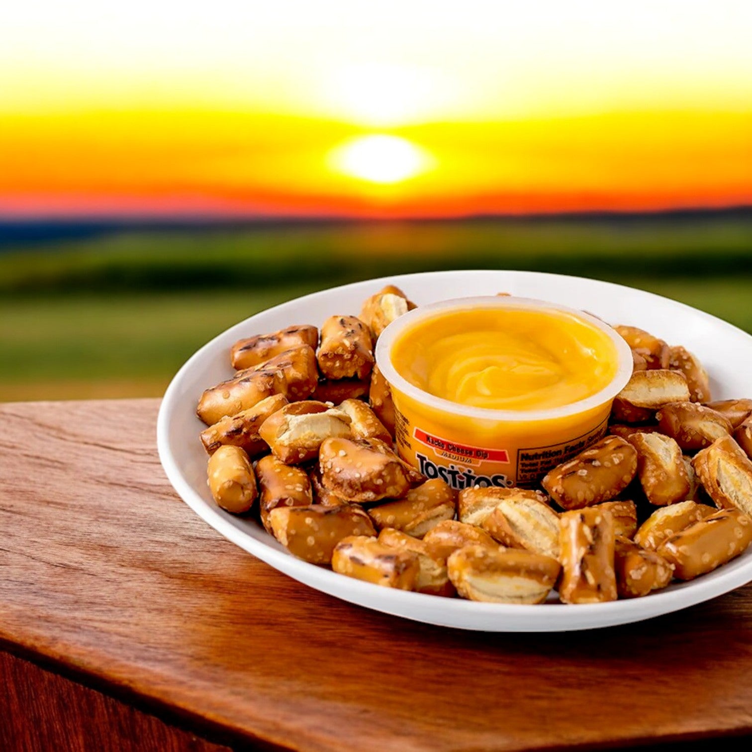 A plate of pretzel bites with Tostitos Nacho Cheese Dip sits on a wooden surface, their golden hues echoing the sunset. Nearby, a bowl of Tortilla Rounds pairs with Tostitos Salsa Verde, adding zest to the serene evening.