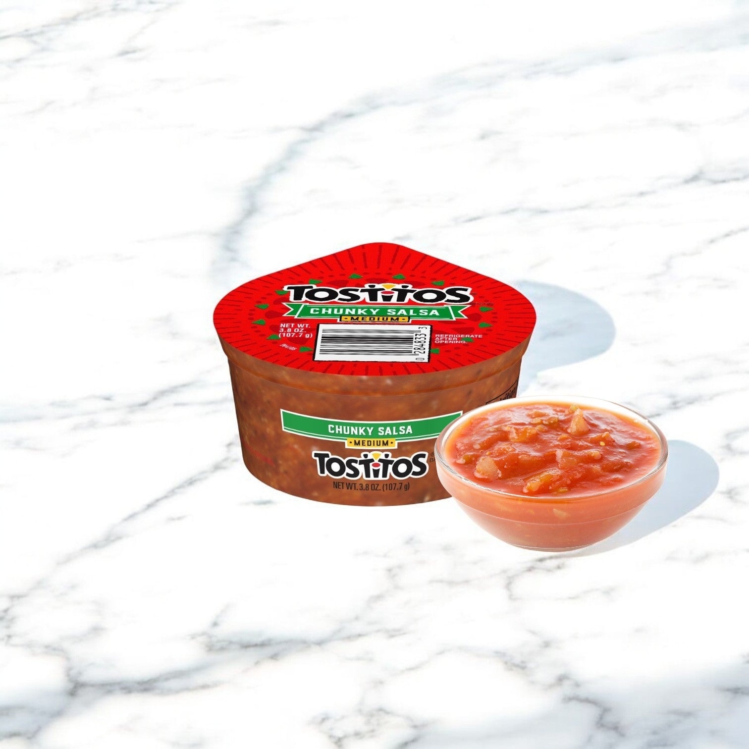 A Tostitos Medium Salsa To-Go Cup sits ready to deliver zesty flavor on a white surface. Perfect with crispy tortilla chips, this classic mix will transform snack time into a fiesta. Get a 30-pack of 3.8 oz cups for convenient enjoyment whenever you please!.