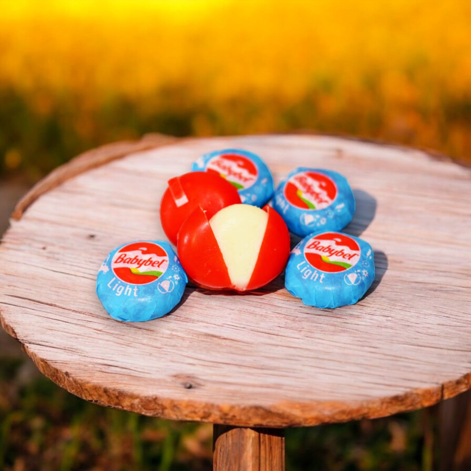 Assorted Babybel cheeses, including a halved Mini Babybel Light Flavored Snack Cheese – 1 Piece from the Babybel brand showcasing its interior, are placed on a round wooden surface outdoors, setting the scene for a delightful snacking experience with real cheese.