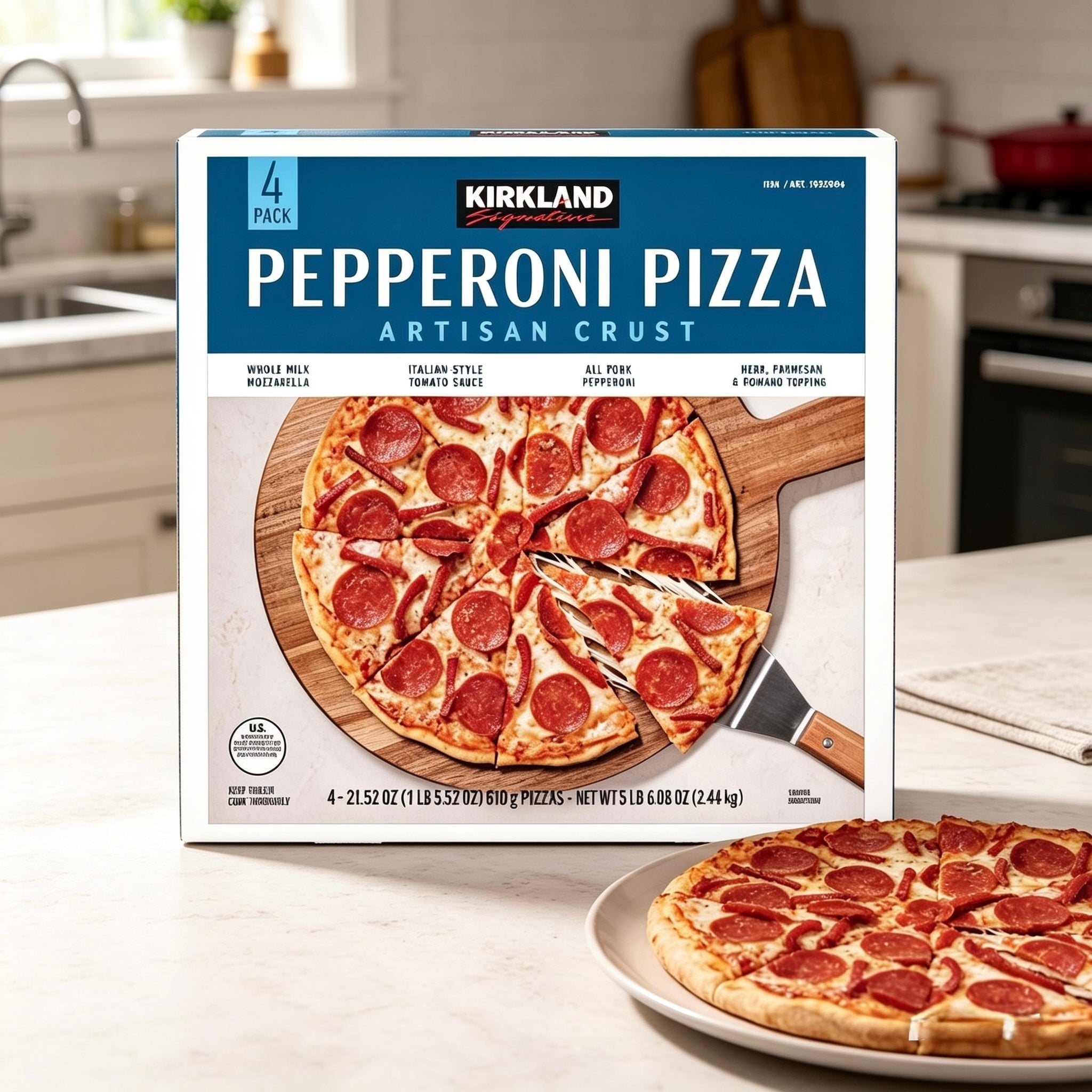 Kirkland Signature Artisan Crust Pepperoni Pizza – 21.52 oz Each, 4-Co