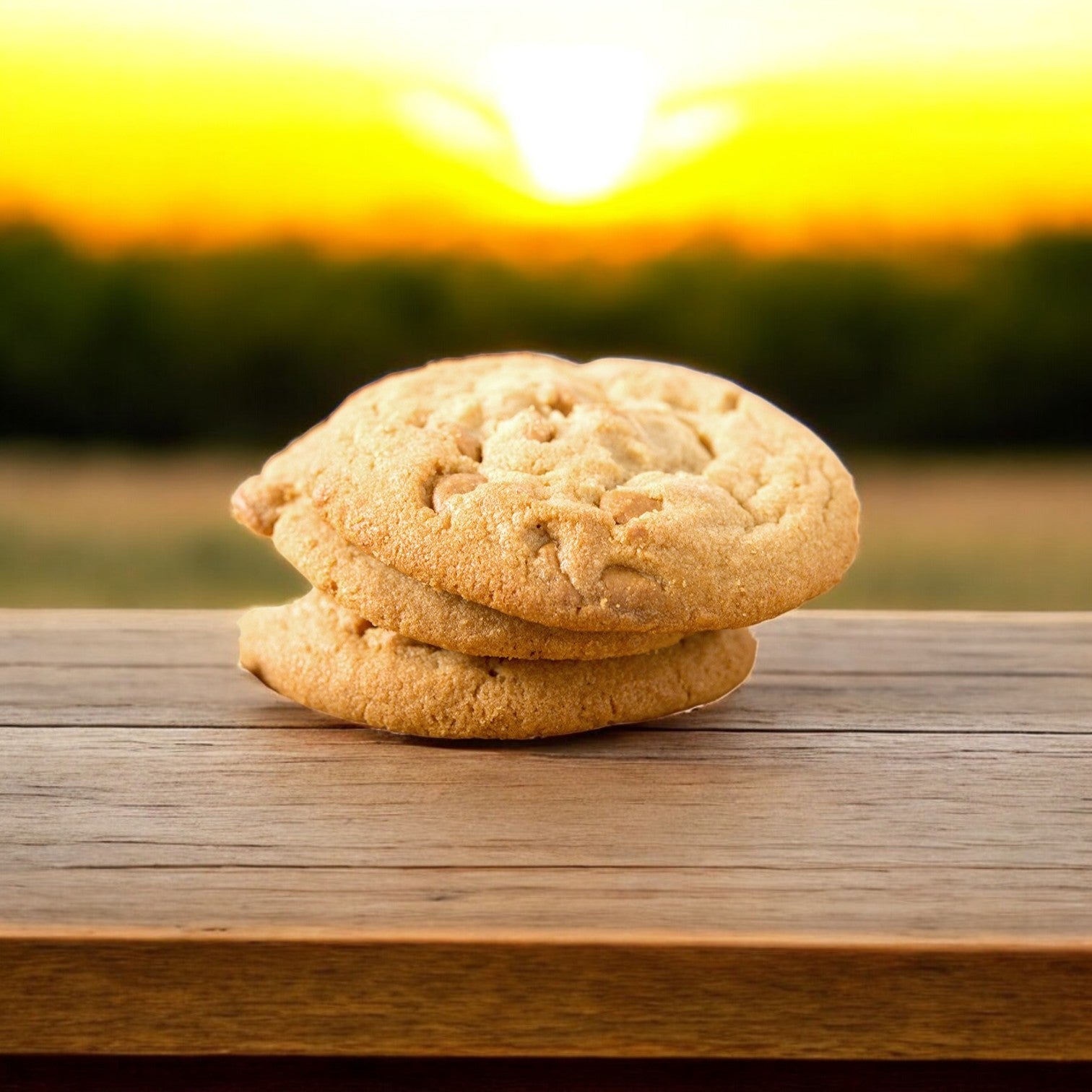 Two of David's Cookies Dough Peanut Butter cookies stacked on a wooden surface, set against a blurred sunset background, evoke a rich aroma.