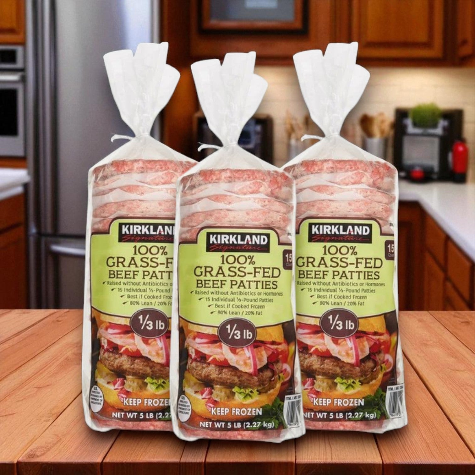 Kirkland Signature Grass-Fed Beef Patties – 1/3 lb, 15-Count (3 Packs)