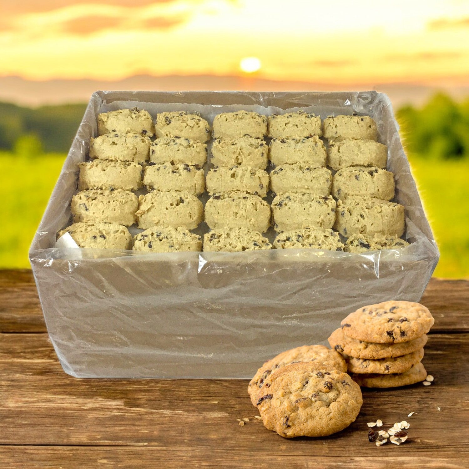 A box of David's Cookies Oatmeal Raisin Dough (125/3 oz) rests in a tray beside freshly baked cookies on a wooden table, with a rural sunset in the background.